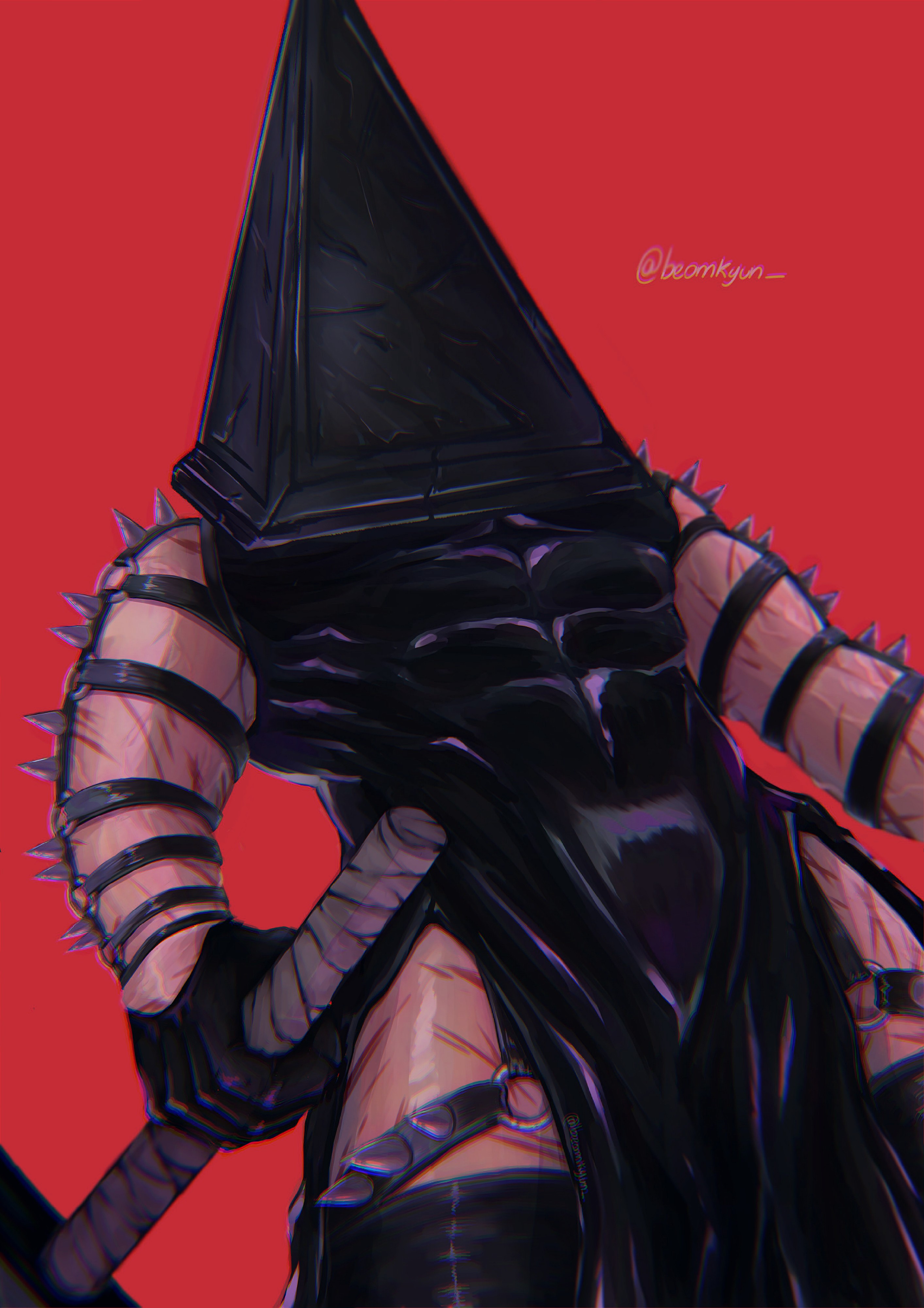 alternate costume, bdsm gear, bdsm outfit, beomkyun, black gloves, black legwear, black thighhighs, gloves, harness, helmet, leather, low-angle view, male, male only, muscular, muscular male, pelvic curtain, pyramid head, red background, side slit, silent hill, silent hill 2, skin tight, sleeveless, solo, spikes, straps, thigh strap, thighhighs, tight clothing, weapon