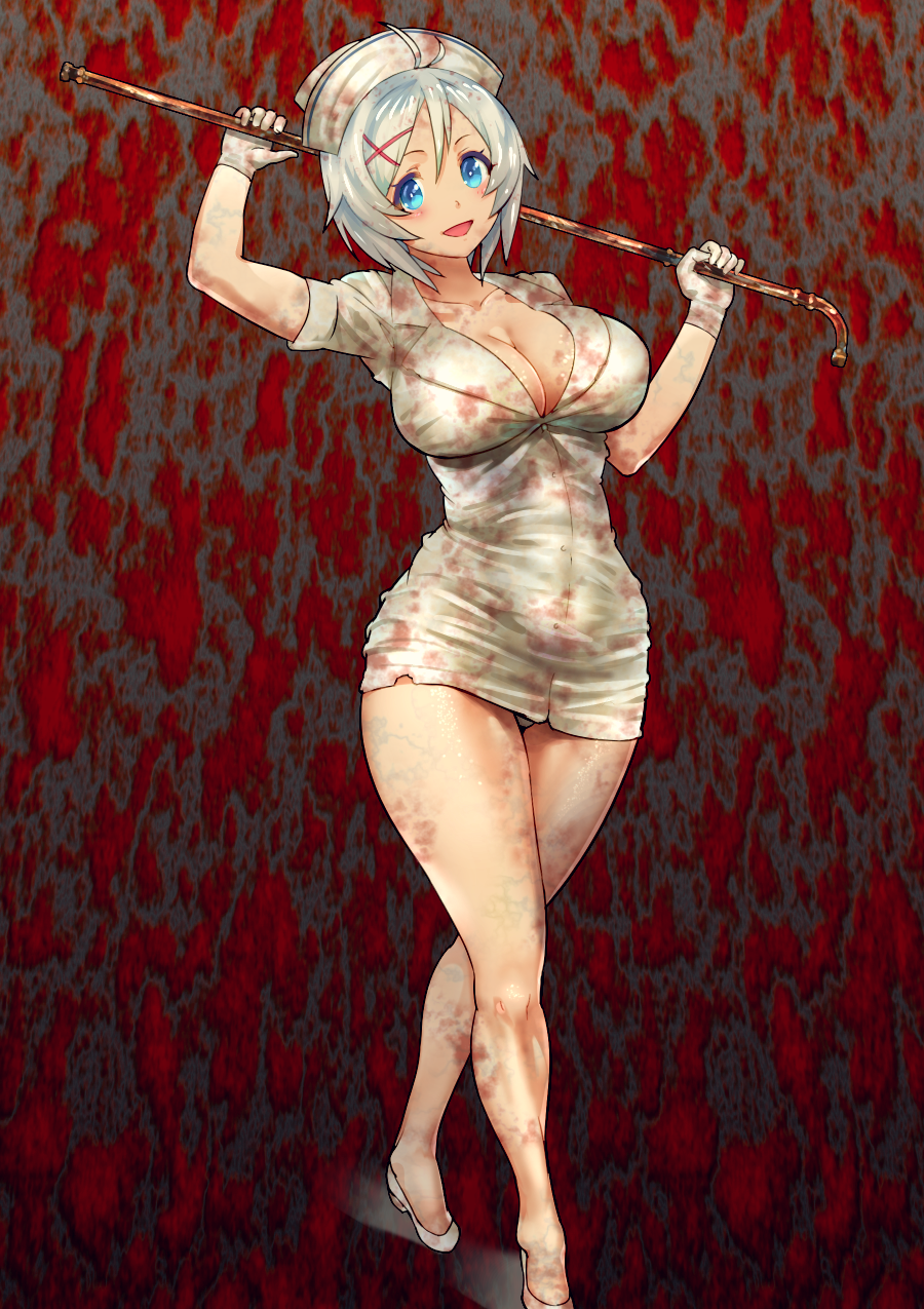 .live big_breasts blood_stain blue_eyes cleavage cosplay crossover_cosplay dennou_shoujo_youtuber_shiro dokiyuri female female_only full_body gloves hairclip hourglass_figure looking_at_viewer minidress nurse nurse_(silent_hill) nurse_(silent_hill)_(cosplay) nurse_cap nurse_uniform pipes short_dress short_hair silent_hill silver_hair siro_(dennou_shoujo_youtuber_siro) smile stained_clothes standing thick_thighs virtual_youtuber weapon white_gloves white_hair