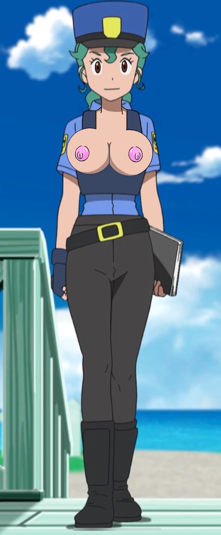 beach boots exposed_breasts officer officer_jenny_(alola) officer_jenny_(pokemon) outdoors pokemon pokemon_sm police solo