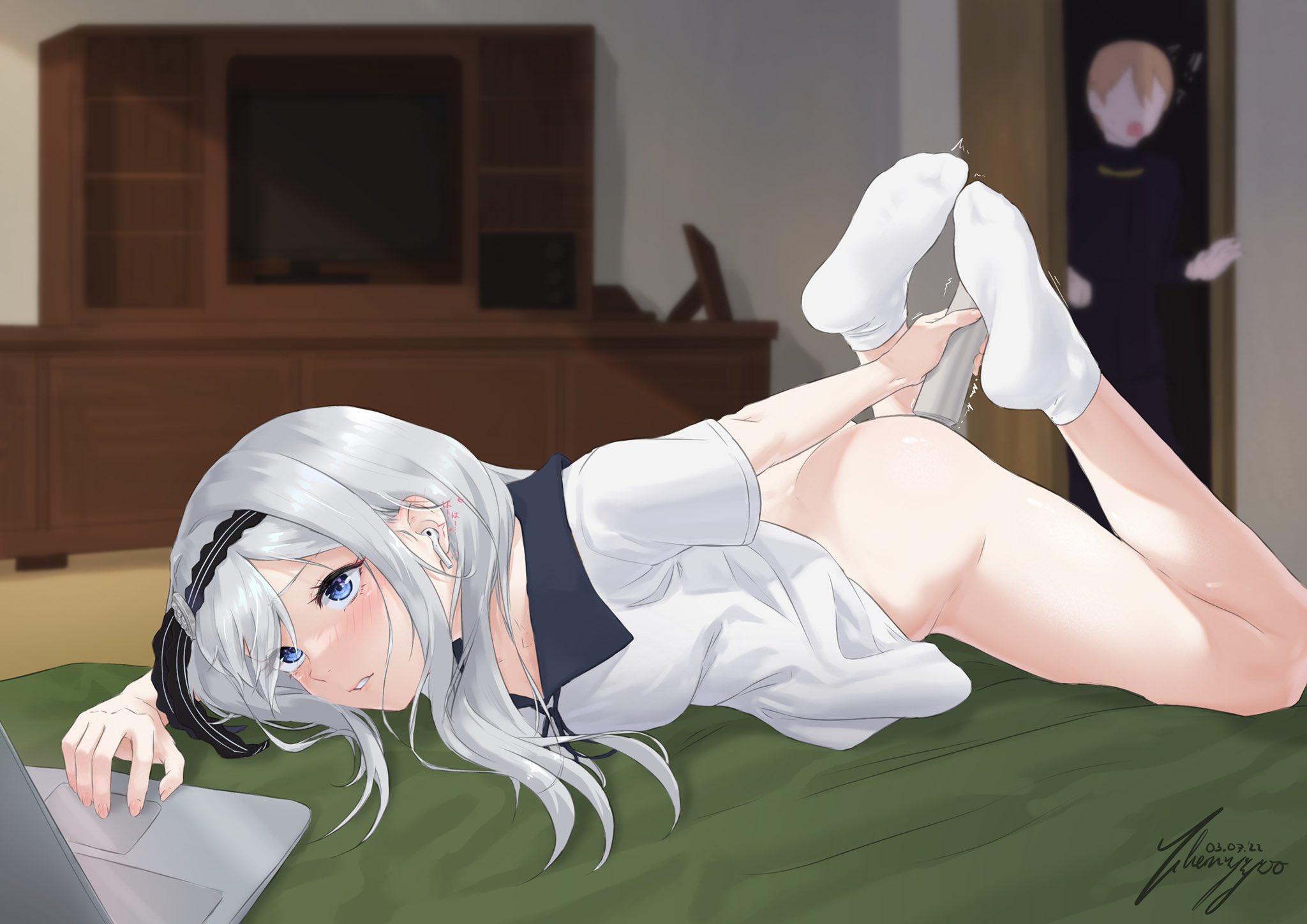1girls, ass, blue eyes, bottomless, brother and sister, caught, caught masturbating, chernyyvo, female, hair ornament, kaguya-sama wa kokurasetai ~tensai-tachi no renai zunousen~, long hair, lying on stomach, masturbation, on bed, pussy, school uniform, schoolgirl, shirogane kei, shirogane miyuki, shuuchiin academy uniform, socks, vibrator, vibrator in pussy, watching porn, white hair