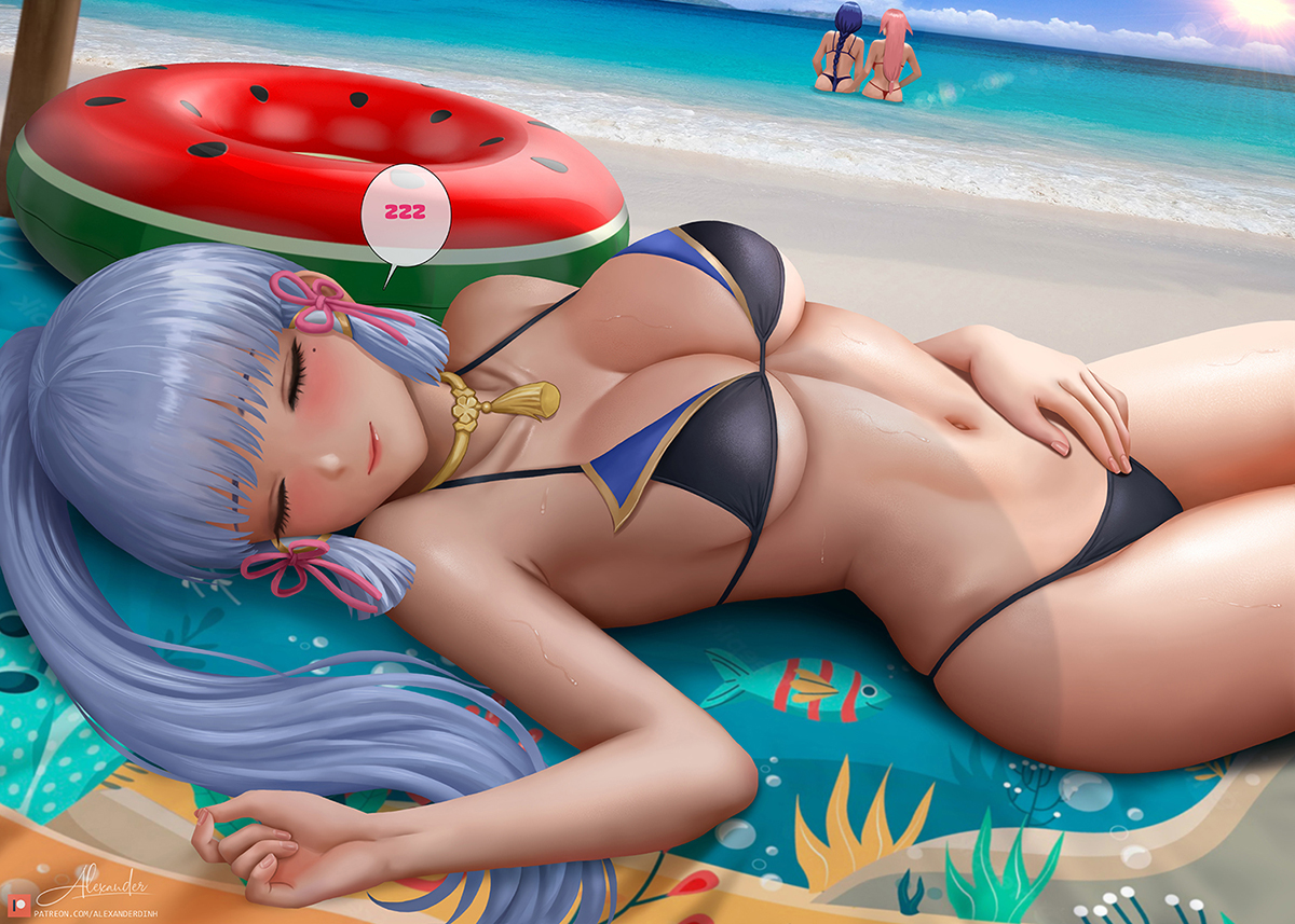 alexander dinh, beach, bikini, female, female focus, genshin impact, grey hair, kamisato ayaka, laying down, laying on back, raiden shogun, sleeping, tagme, text bubble, yae miko, zzz