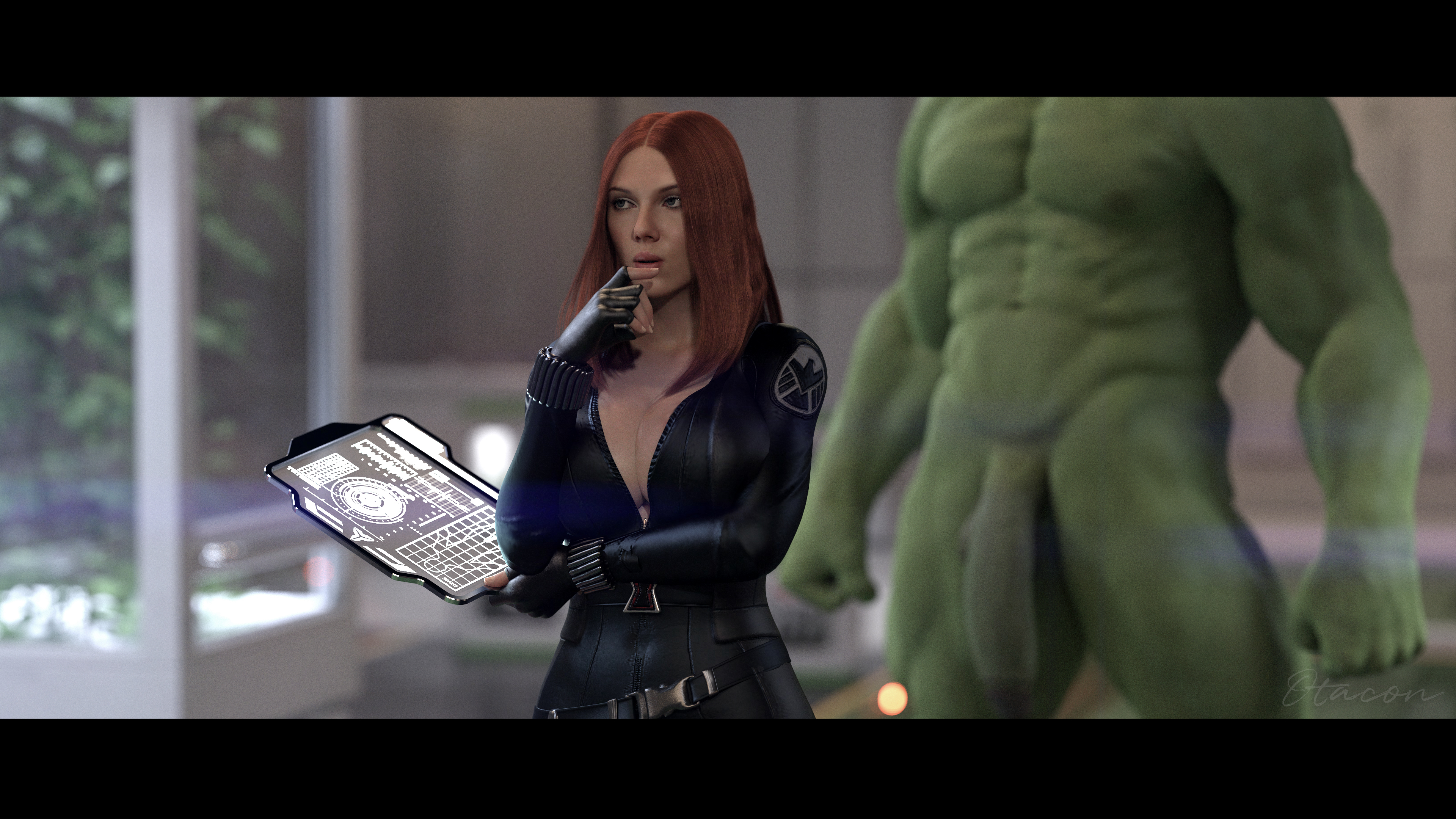 1boy, 1girls, 3d, avengers, black widow (marvel), cfnm, cleavage, female, green skin, huge cock, hulk, hulk (series), imminent rape, imminent sex, large penis, male, marvel, marvel cinematic universe, marvel comics, nude, nude male, otacon212, partial male, penis, red hair, scarlett johansson, skin tight