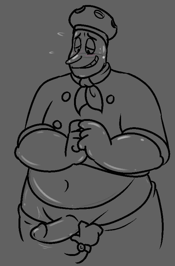 anthro_saltshaker boner chef chef_saltbaker chef_uniform chubby_male cuphead:_the_delicious_last_course cuphead_(game) embarrassed fat_cock just_because_this_doesn't_have_color_doesn't_mean_it's_a_sketch_i'm_just_lazy_lmao male_only pulling_down_pants salt_shaker sweat