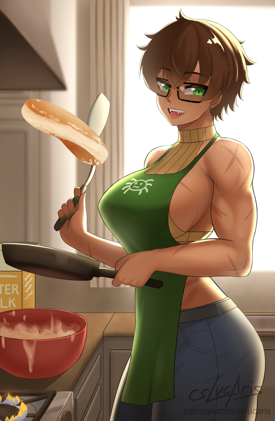 1girls, brown hair, cslucaris, female, green eyes, muscular, muscular female, scar, scars, short hair, smile, solo, tagme, tagme (character), tomboy, very short hair