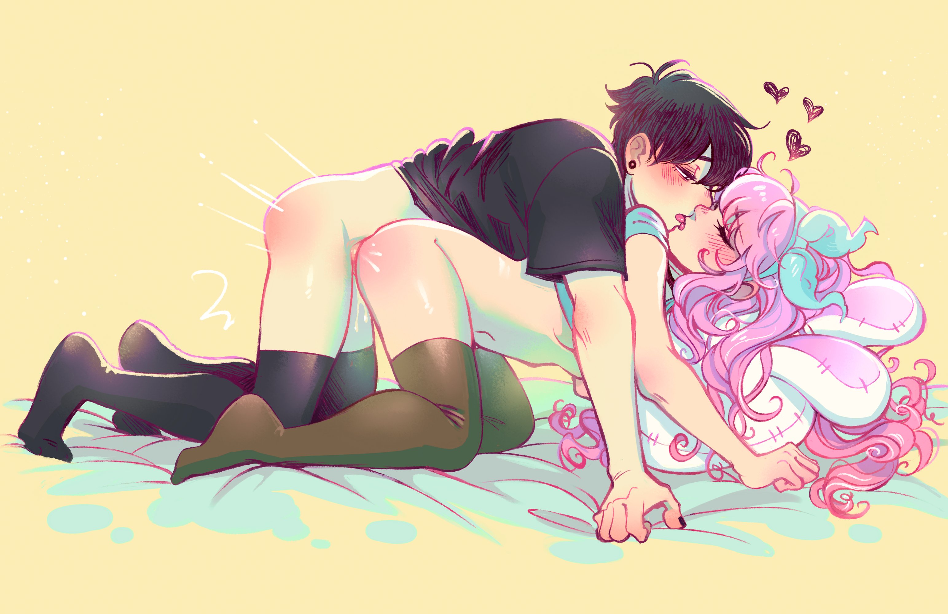 1boy, 1girls, 2d, aubrey (omori), black hair, color, doggy style, doggystyle, female, heart, kissing, long hair, male, male with painted nails, male/female, omori, penetration, pink hair, sex, sinkaraia, sintastein, stockings, straight, sunny (omori), thighhighs