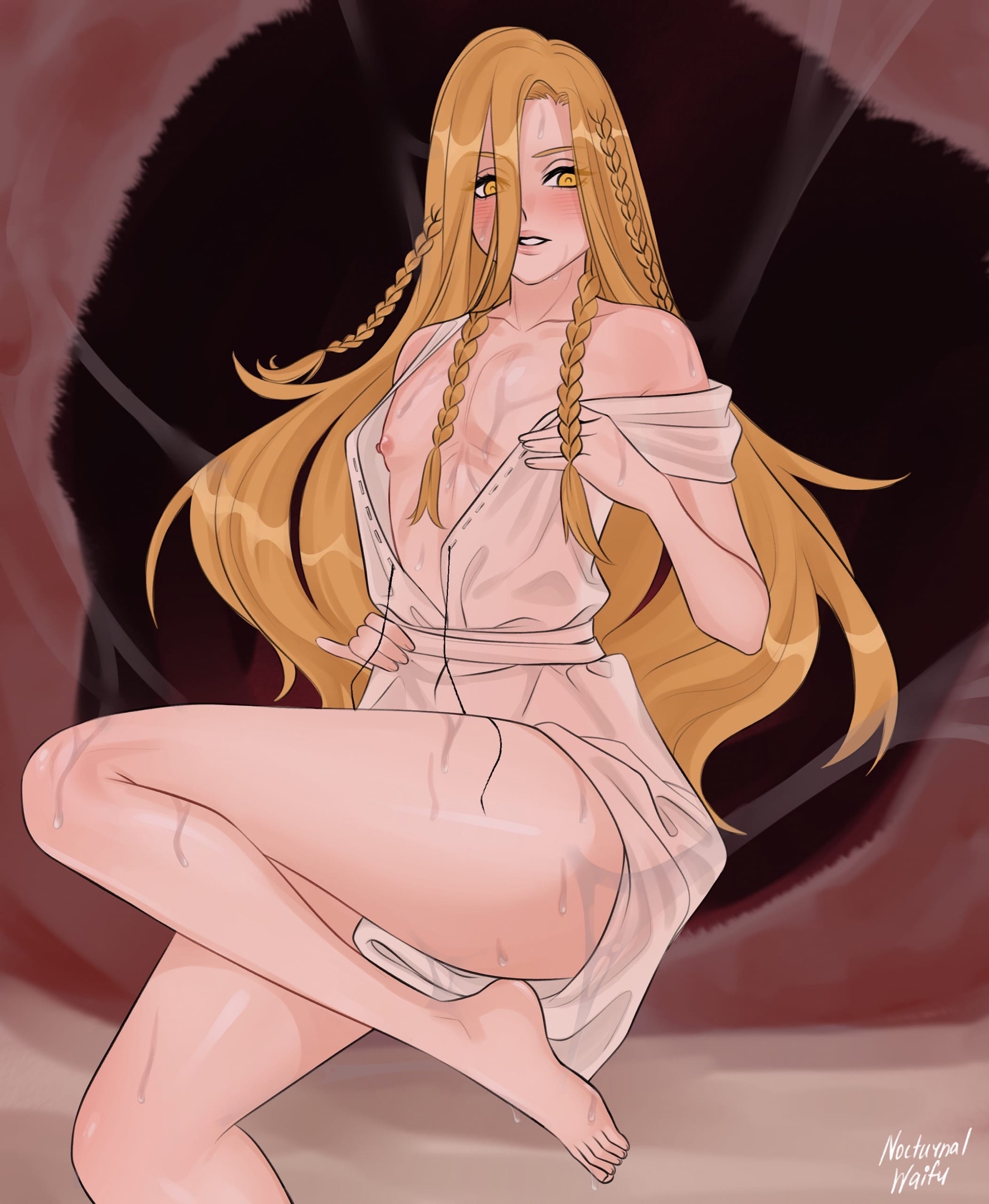 1boy, 1femboy, aged up, androgynous, ass, blonde hair, deity, disnyrin (nocturnalwaifu), elden ring, empyrean, feet, femboy, feminine male, fromsoftware, inviting to sex, legs, light skin, light-skinned male, long hair, male, male only, miquella, nipples, solo, solo focus, solo male, thick ass, thick thighs, transparent clothing, yaoi