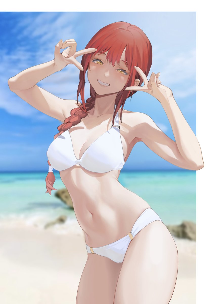 beach, bikini, chainsaw man, female, hips, makima (chainsaw man), swimsuit, tagme, tagme (artist), thighs, white bikini