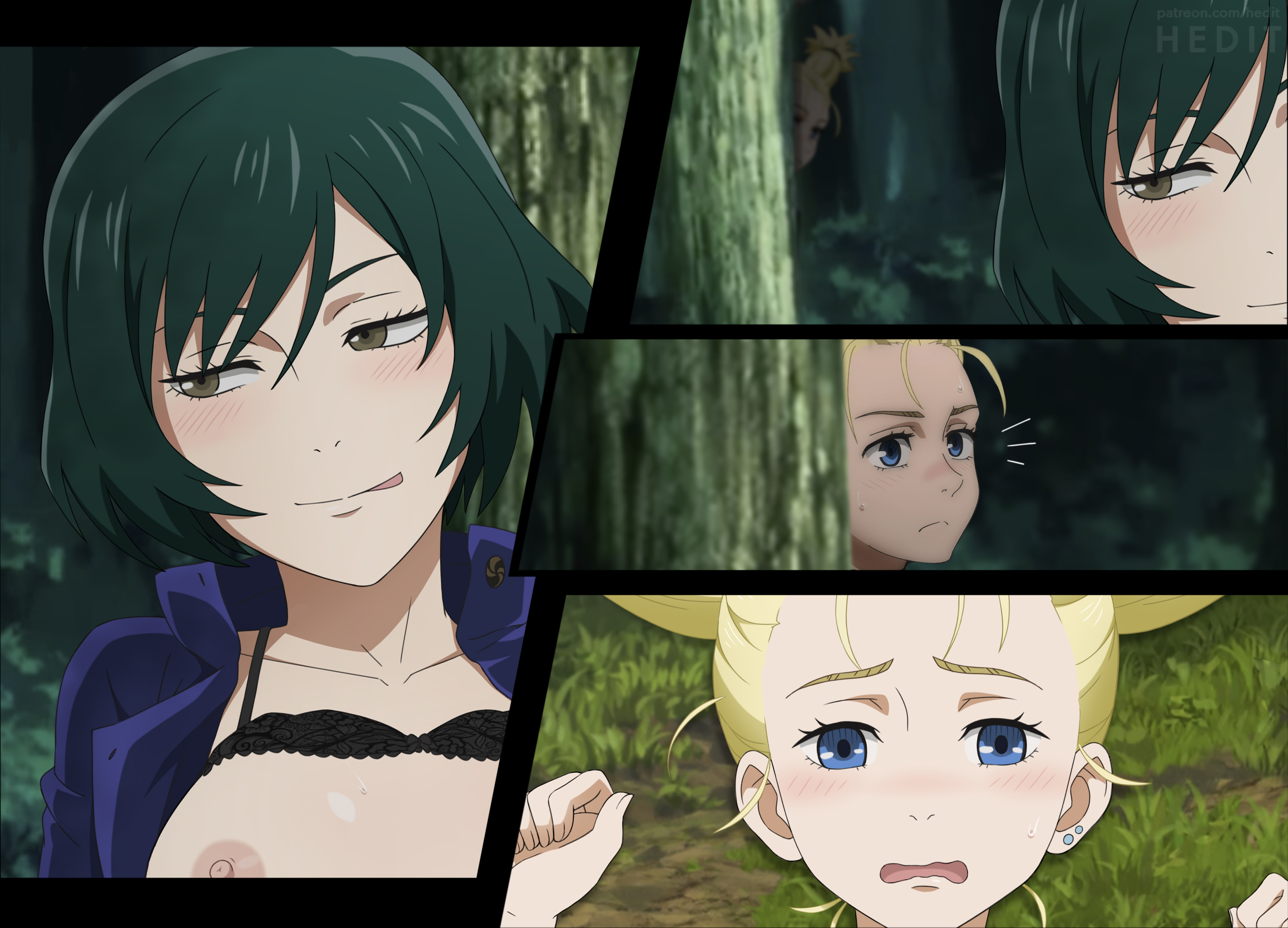 2girls, blonde hair, blonde-haired female, female, female only, green hair, green-haired female, hedit, jujutsu kaisen, multiple females, multiple girls, nishimiya momo, tagme, zenin mai