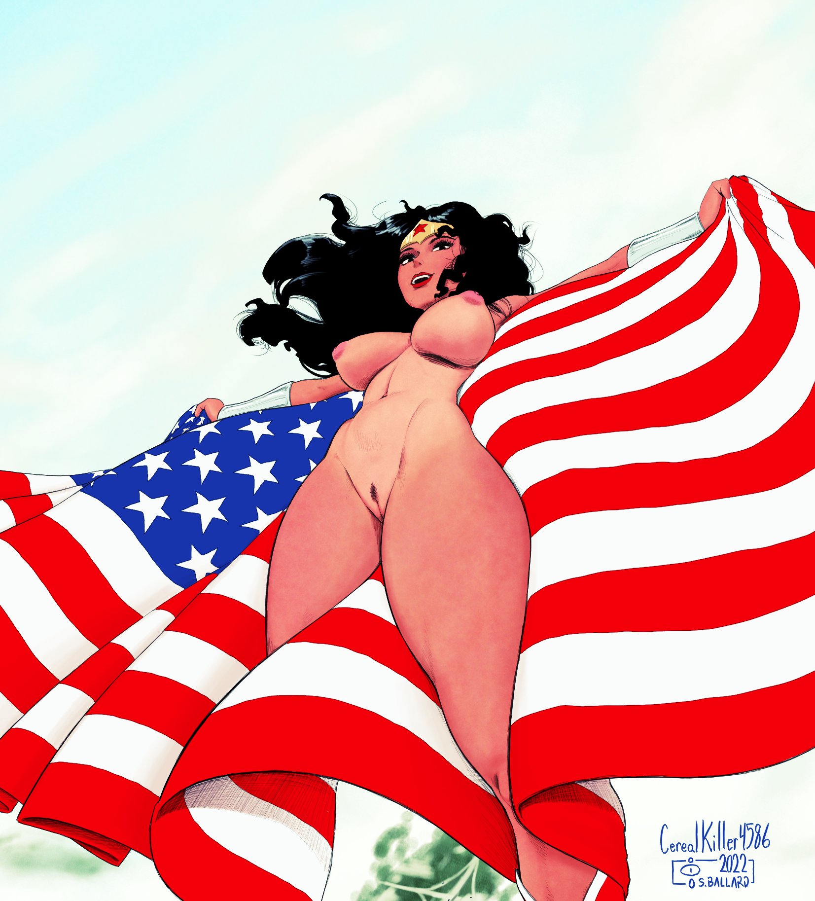 4th of july, american flag, areolae, big breasts, black hair, breasts, busty, cerealkiller4586 (shane ballard), dc, dc comics, female, female focus, female only, flag, hourglass figure, long hair, nipples, nude, nude female, nudity, pussy, signature, solo, tagme, text, trimmed pubic hair, vagina, wide hips, wonder woman, wonder woman (series)