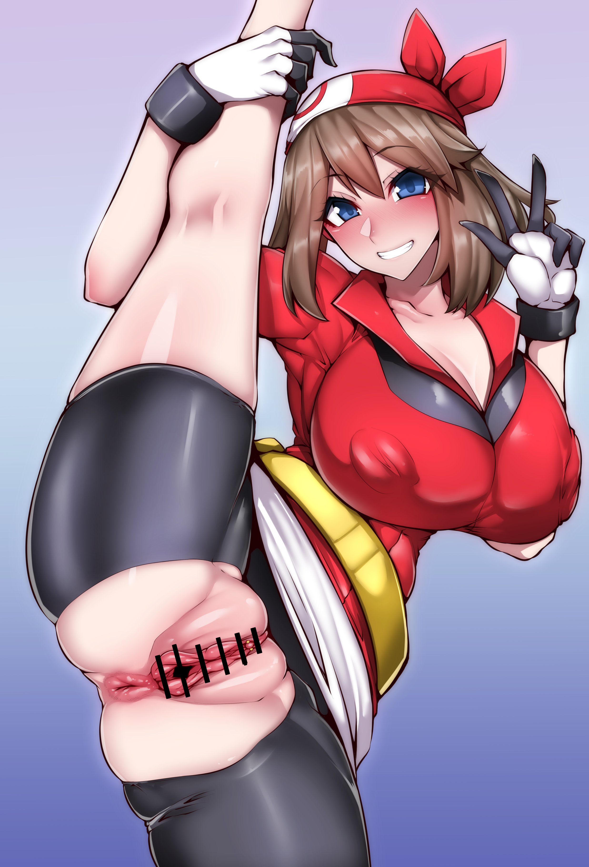 anus, armpits, blue eyes, blush, breasts, brown hair, creatures (company), female, flexible, game freak, gggg, legs up, may (pokemon), naughty face, nintendo, pokemon, pokemon (anime), pussy