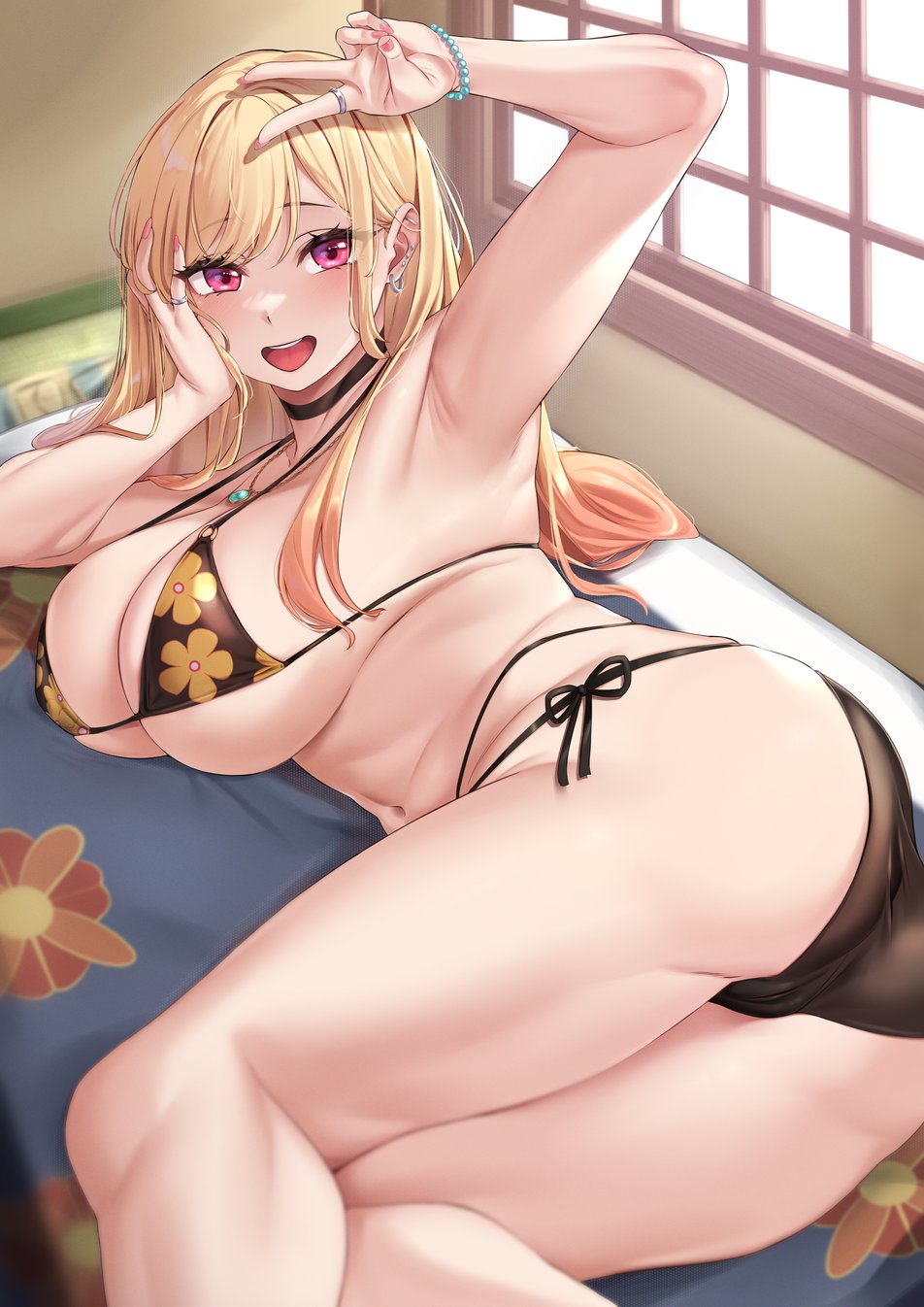armpits, bikini, blonde hair, blush, breasts, choker, curvy, female, gyaru, kitagawa marin, looking at viewer, open mouth, peace sign, sono bisque doll wa koi wo suru, tagme (artist), thick thighs, v