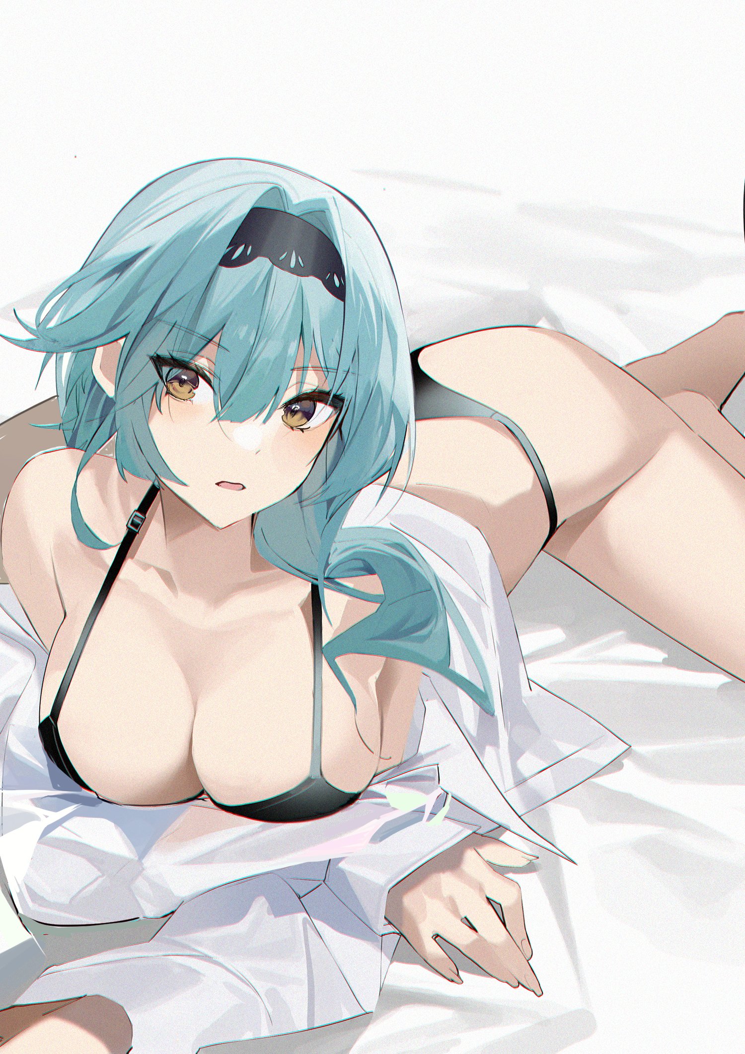 1girls, amber eyes, ass, bed, black panties, blue hair, boobs, bra, breasts, cleavage, eula (genshin impact), female, female only, genshin impact, looking away, looking to the side, panties, short hair, tagme, tagme (artist), underwear