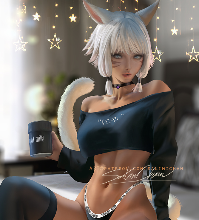 1girls, animal ears, choker, female, final fantasy, final fantasy xiv, miqo'te, sakimichan, solo, stockings, tagme, tagme (artist), tagme (character), tail, white hair, y'shtola