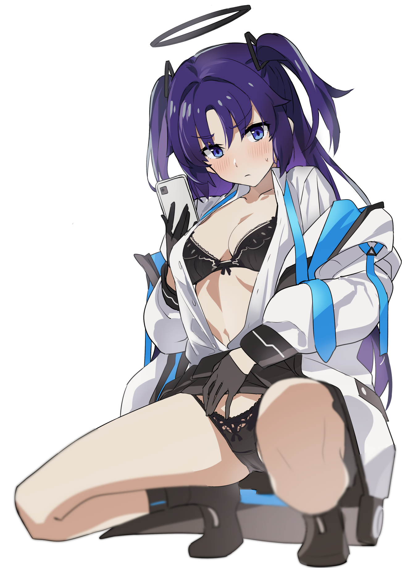 1girls, blue archive, blue hair, blush, bra, embarrassed, female, female only, knees, light skin, light-skinned female, lingerie, looking at viewer, panties, shy, solo, squatting, sweatdrop, tagme, tagme (artist), taking picture, underwear, white background, yuuka (blue archive)