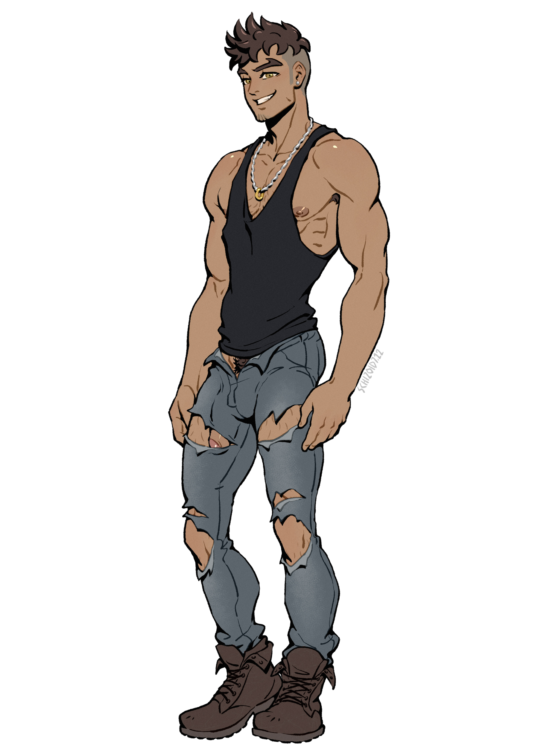 clothed, dilftown, flaccid, flaccid penis, foreskin, johnny souza, latino, male, male only, melanin, muscles, muscular, muscular male, necklace, partially retracted foreskin, penis, penis peek, retracted foreskin, ripped pants, schizoid, smiling, solo, solo male, tank top, teenage male, twitter user oc, uncircumcised, uncut, unzipped pants
