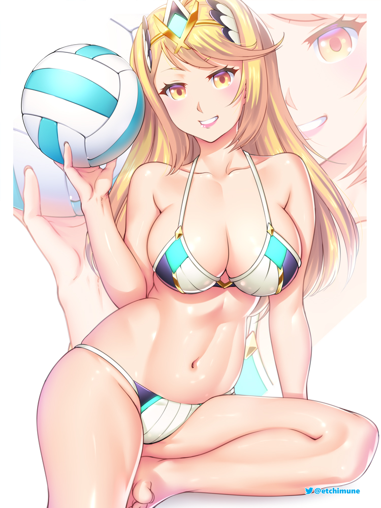 athletic, athletic female, bikini, blonde hair, breasts, etchimune, female, female only, looking at viewer, mythra, nintendo, solo, tagme, volleyball, xenoblade (series), xenoblade chronicles 2, yellow eyes