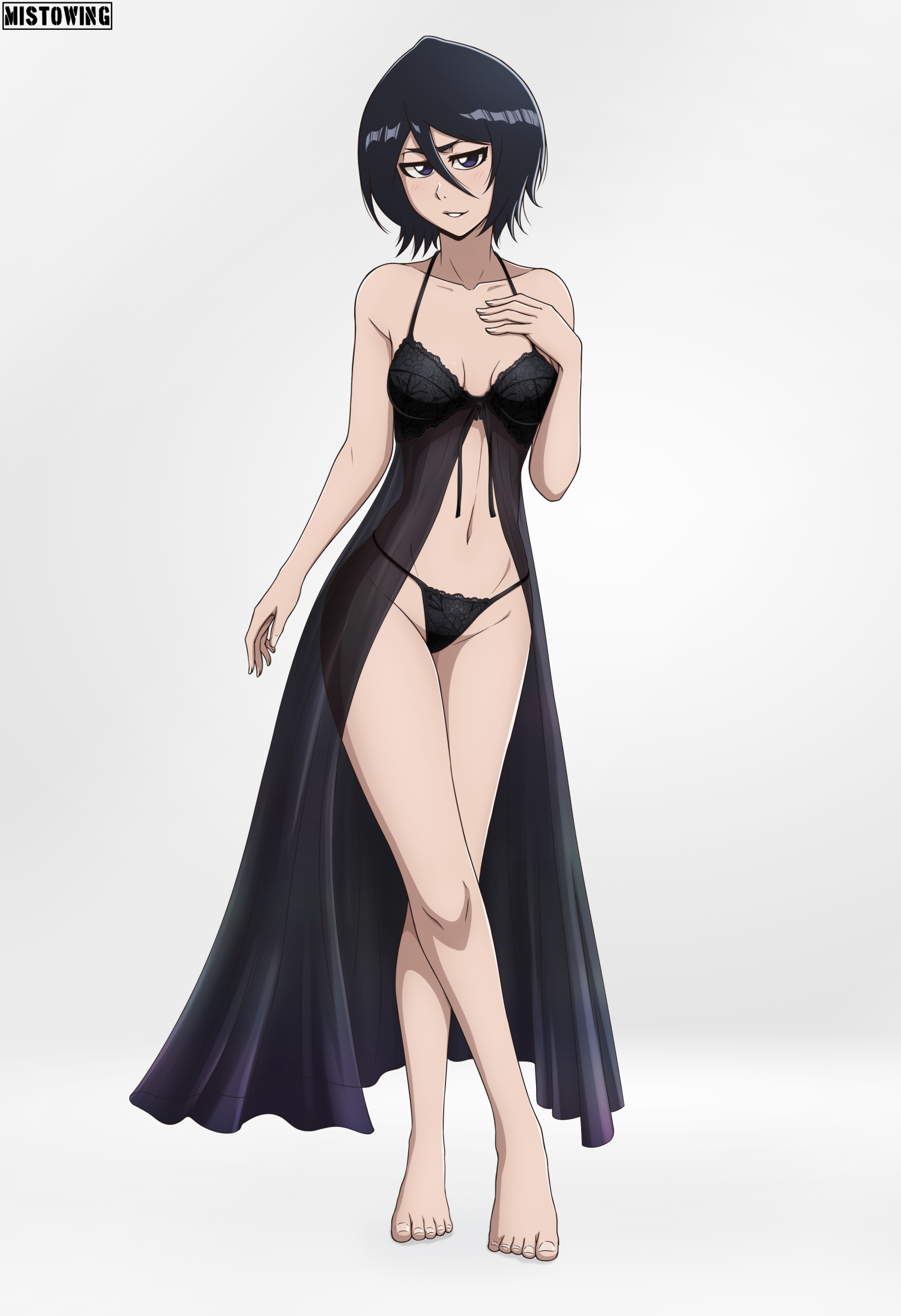 babydoll, bare legs, bare shoulders, barefoot, black hair, bleach, bra, breasts, clothed, crossed legs, female, full body, gown, kuchiki rukia, lingerie, looking at viewer, mistowing, nightgown, panties, petite, petite body, purple eyes, revealing clothes, see-through, see-through clothing, sfw, small, smile, solo, wholesome