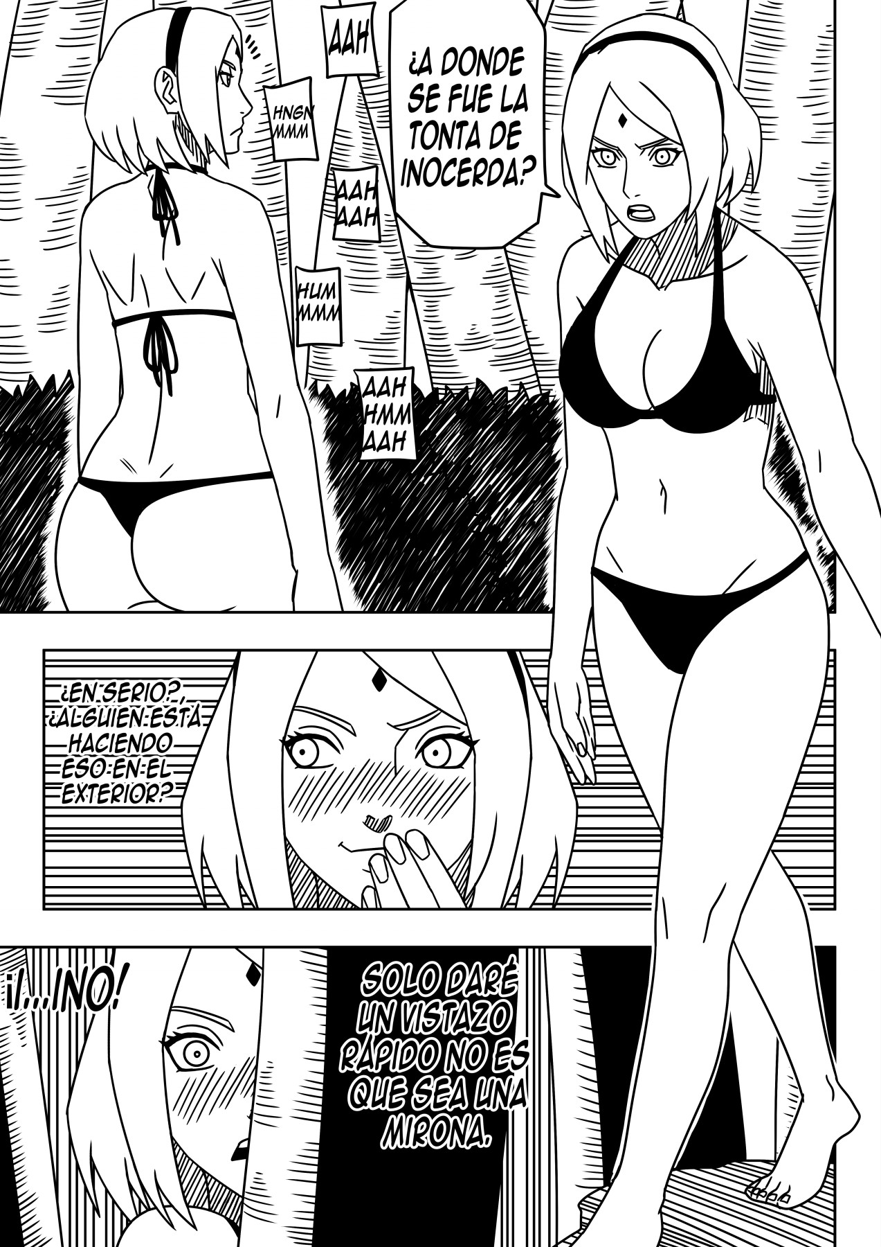 1girls, barefoot, beach, bikini, blush, breasts, caught, caught in the act, comic, dialogue, embarrassed, english translation, feet, female, female only, implied sex, long hair, midriff, moan, moaning, monochrome, naruto, naruto (series), naruto shippuden, naruto: the last, naughty, naughty face, naughty smile, ninrubio, notes translation, outdoors, peeping, sakura haruno, searching, smile, solo, solo focus, spanish text, speech bubble, spying, story, surprised, swimsuit, text, translated, voyeur, walk-in, walking, watching