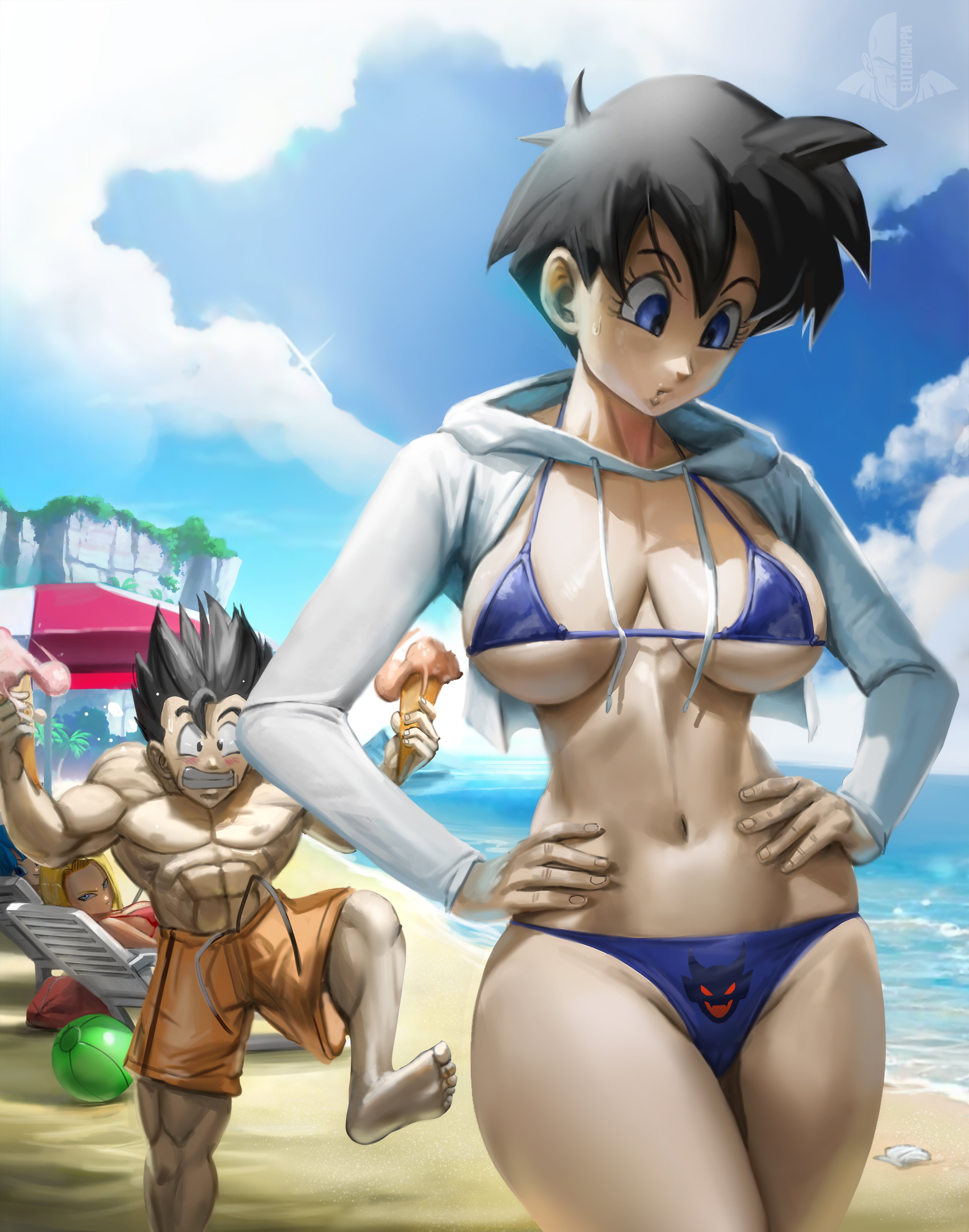1boy, 3girls, android 18, beach, big breasts, bikini, black hair, blonde hair, blue eyes, breasts, bulma briefs, chair, clothing, cropped jacket, curvy female, dragon ball, dragon ball z, elitenappa, female, ice cream, light skin, light-skinned female, male, muscular, muscular male, ocean, sand, son gohan, swimming trunks, swimsuit, thick thighs, thin waist, umbrella, videl, water, wide hips