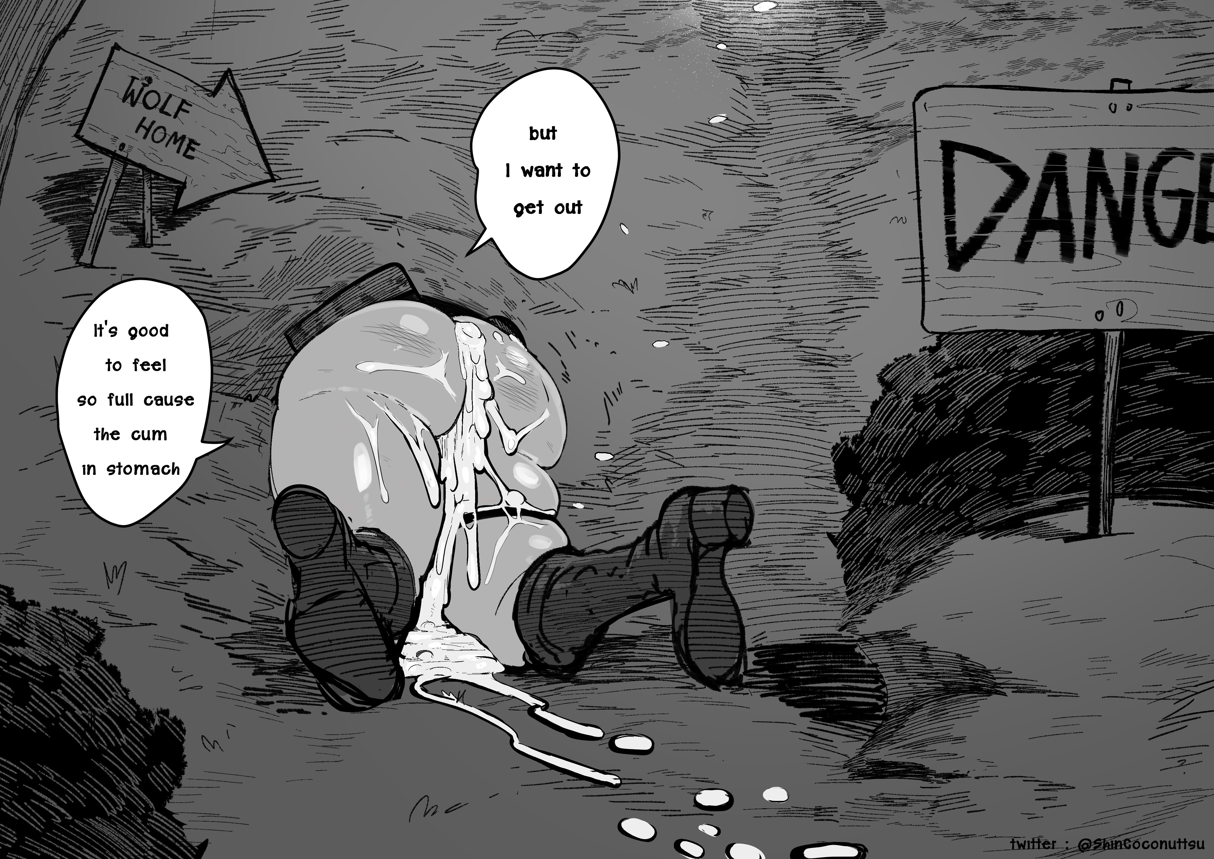 after anal, after rape, after sex, ass, big ass, creampie, cum, femboy, gay, green (artist), green (original), male, male focus, night, oc, original, original character, rape, stuck, stuck in wall, tagme, text, through wall, wide thighs