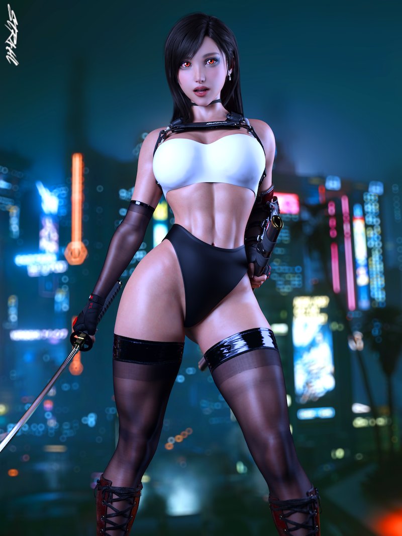 1girls 3d abs asymmetrical_clothes asymmetrical_gloves black_hair choker depth_of_field dual_wielding elbow_gloves fanart female female_only final_fantasy final_fantasy_vii final_fantasy_vii_remake fingerless_gloves futuristic_clothing gloves glowing_eyes holding_katana holding_object holding_sword holding_weapon katana large_breasts long_hair looking_at_viewer muscular muscular_female pinup red_eyes sci-fi science_fiction solo standing stockings str4hl stylized sword thighhighs tifa_lockhart