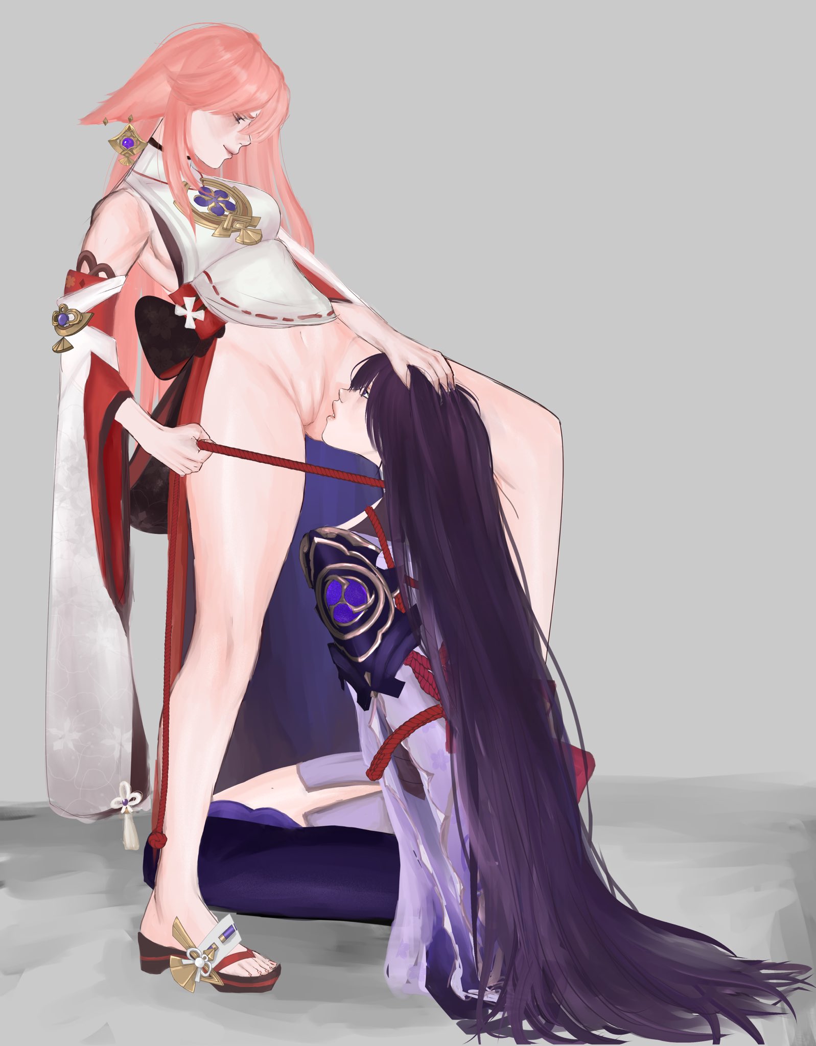 2girls, bondage, bottomless, earrings, female, female only, femdom, fox ears, genshin impact, hand on head, head grab, imminent cunnilingus, imminent oral, kitsune, knighthood, leash, leash pull, multiple females, multiple girls, partially clothed, pink hair, presenting pussy, purple hair, pussy, raiden shogun, red rope, showing pussy, tied up, yae miko, yuri