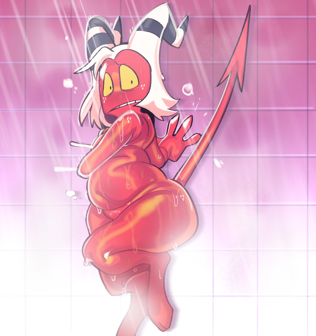 1boy, belly, chubby, chubby femboy, chubby male, demon, femboy, hand on wall, helluva boss, horns, imp, looking at viewer, male, male only, moxxie (helluva boss), nude, nude male, red skin, shower, showering, solo, submarine screw, surprised, tail, thick thighs, wet, wet hair, white hair, wide hips