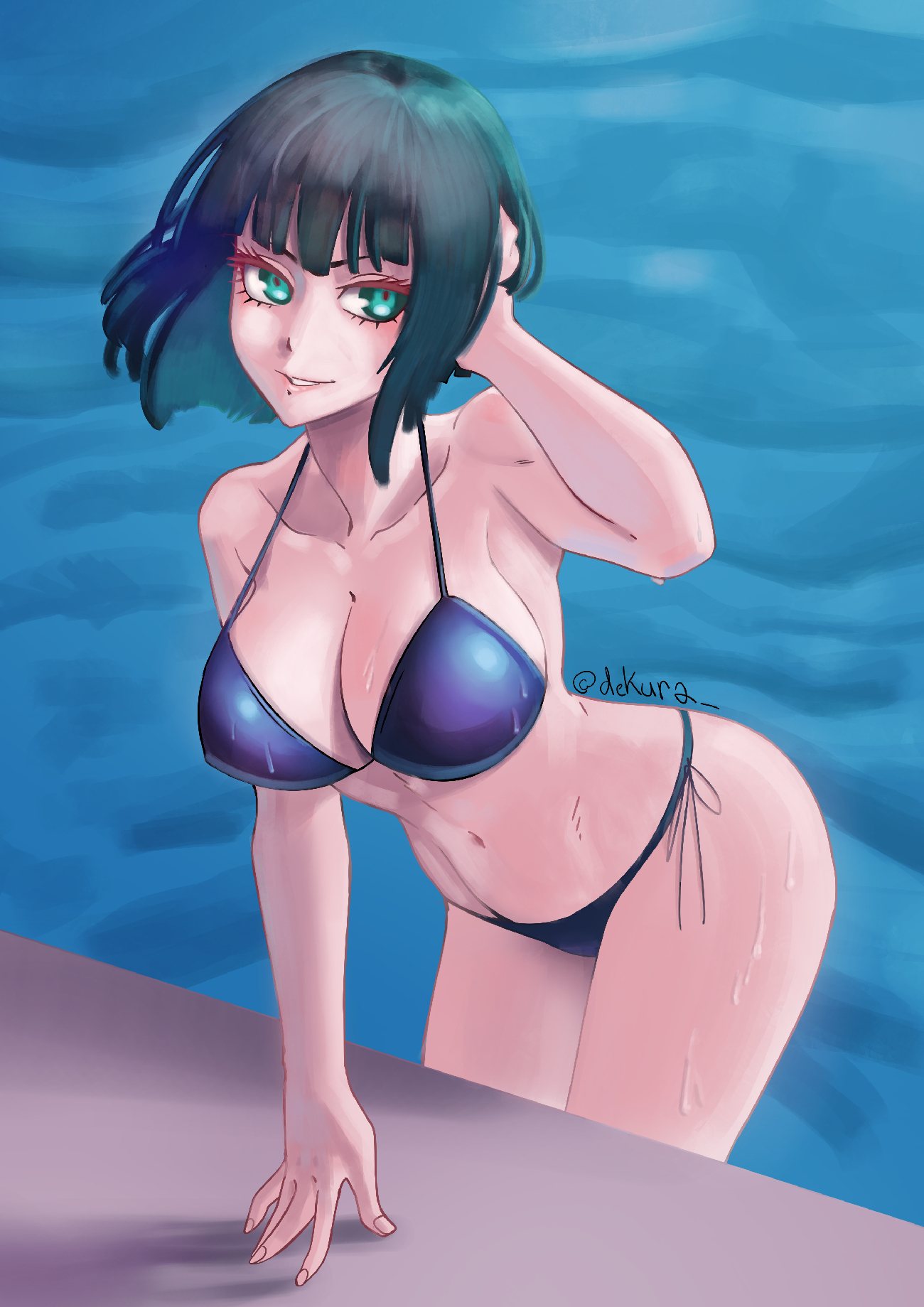 1girls, against surface, arm up, armpits, artist name, ass, bangs, bare shoulders, belly, belly button, bent over, big ass, big boobs, big breasts, big butt, bikini, bikini bottom, bikini top, bob cut, boobs, breasts, busty, cleavage, clothed, clothing, collarbone, covered nipples, covered pussy, curvaceous, curvy, curvy female, curvy figure, cute, dark green hair, dark hair, dekura, eye contact, eyelashes, female, female focus, female only, fringe, front view, fubuki (one-punch man), green eyes, green hair, hand on hair, hand on head, highres, hips, lips, lipstick, looking back, medium hair, midriff, nails, navel, one-punch man, pink lips, pink lipstick, pool, pose, pussy, seductive, seductive eyes, seductive look, seductive mouth, seductive smile, short hair, slim, slim waist, smile, smiling, smiling at viewer, smirk, solo, solo female, solo focus, stomach, string bikini, swimming pool, thick, thick thighs, thighs, thin waist, toned, toned body, toned female, toned stomach, voluptuous, water, wet, wet body, wet skin, wide hips