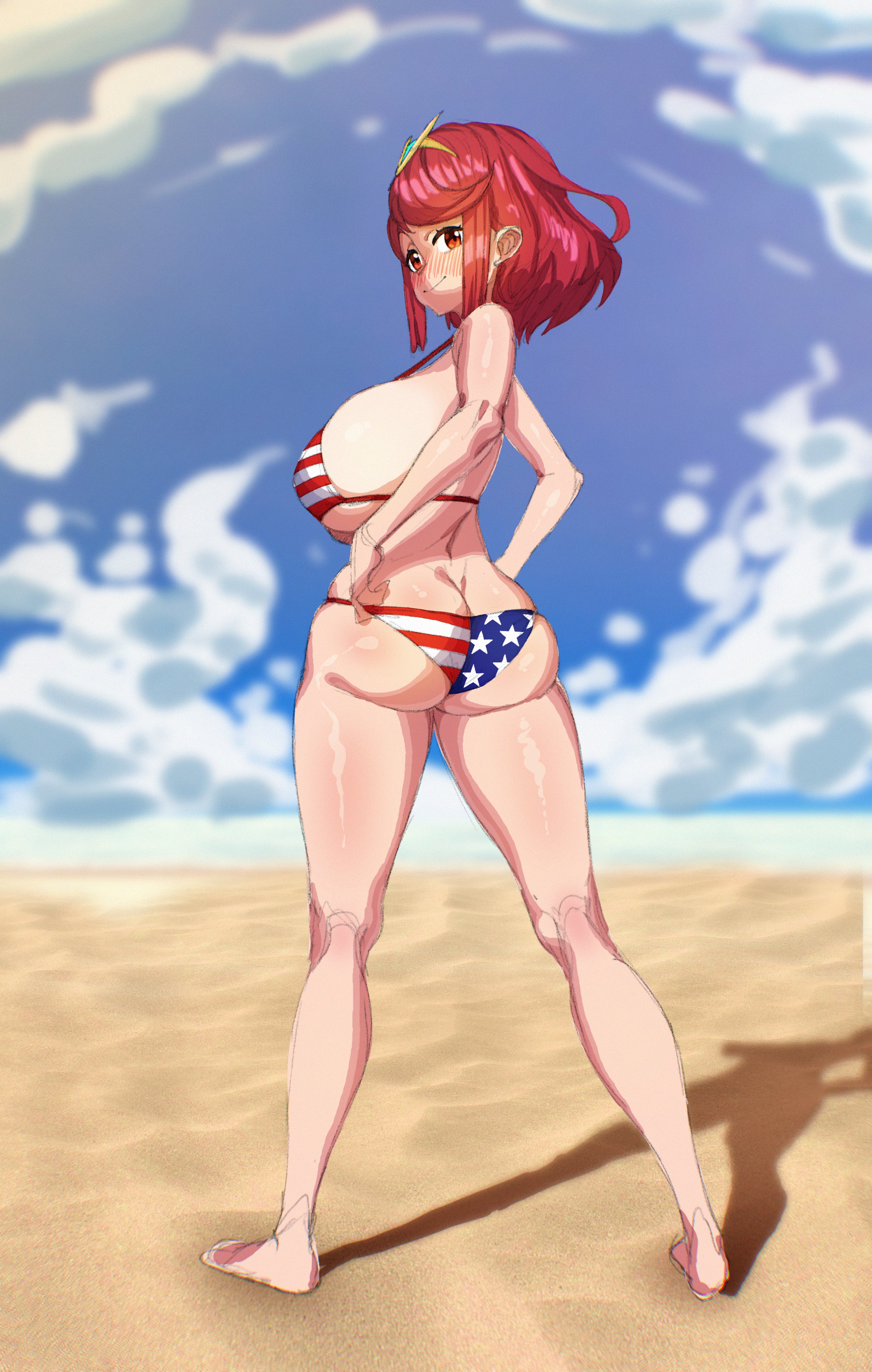 1girls, 2022, american flag bikini, ass, ass cleavage, ass crack, barefoot, beach, big ass, big breasts, big butt, big thighs, bikini, blush, breasts, butt crack, female, female only, flag bikini, hi res, hips, light skin, light-skinned female, long legs, looking at viewer, looking back, looking back at viewer, makinakid, nintendo, outdoors, pyra, red eyes, red hair, short hair, sideboob, slim waist, smug, solo, thick, thick ass, thick butt, thick hips, thick thighs, thighs, wide hips, xenoblade (series), xenoblade chronicles 2