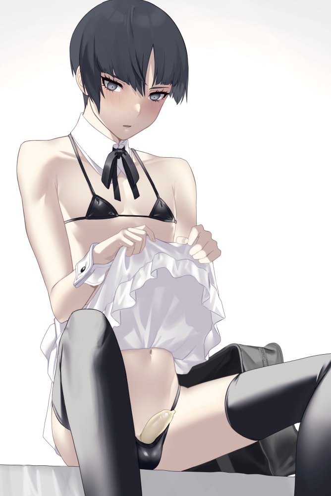 1boy androgynous balls blush condom condom_on_penis femboy girly grey_eyes grey_hair lifting lifting_skirt maid maid_uniform male male_only morimiya_(kuroro) nahobino_(smt) panties panty_bulge penis protagonist_(shin_megami_tensei_v) shin_megami_tensei shin_megami_tensei_v thighhighs