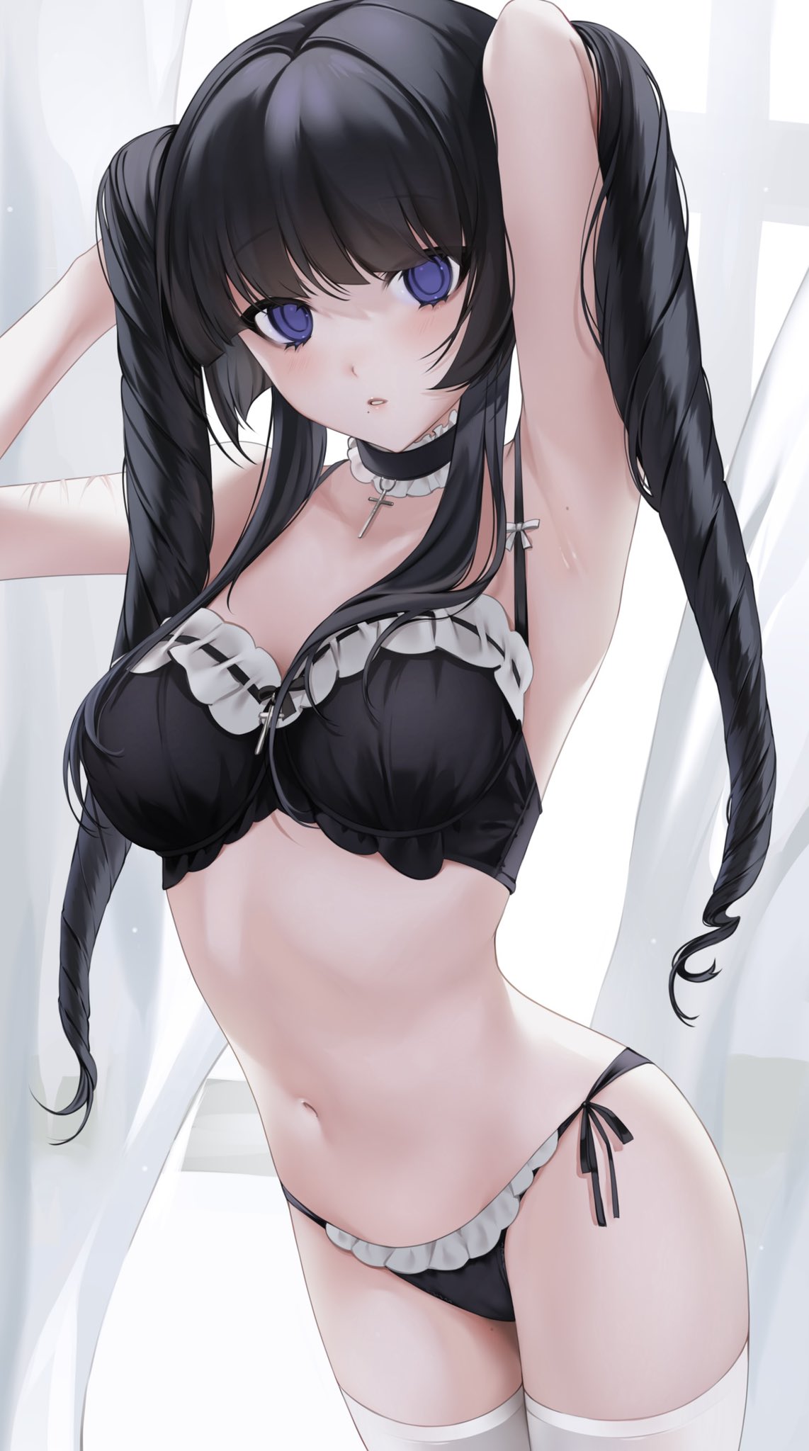 armpits arms_behind_head arms_up belly belly_button big_breasts bikini black_hair black_lingerie breasts cross_necklace large_breasts lingerie maid_bikini ompf original purple_hair tagme thick thick_thighs thighs tummy