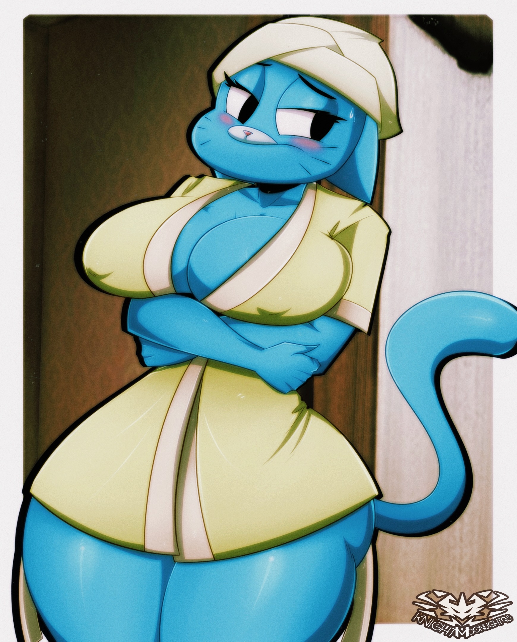 2022, anthro, blush, cartoon network, clothed, clothing, crossed arms, digital media (artwork), domestic cat, eyelashes, felid, feline, felis, female, fingers, hi res, knightmoonlight98, mammal, nicole watterson, nipple outline, solo, the amazing world of gumball