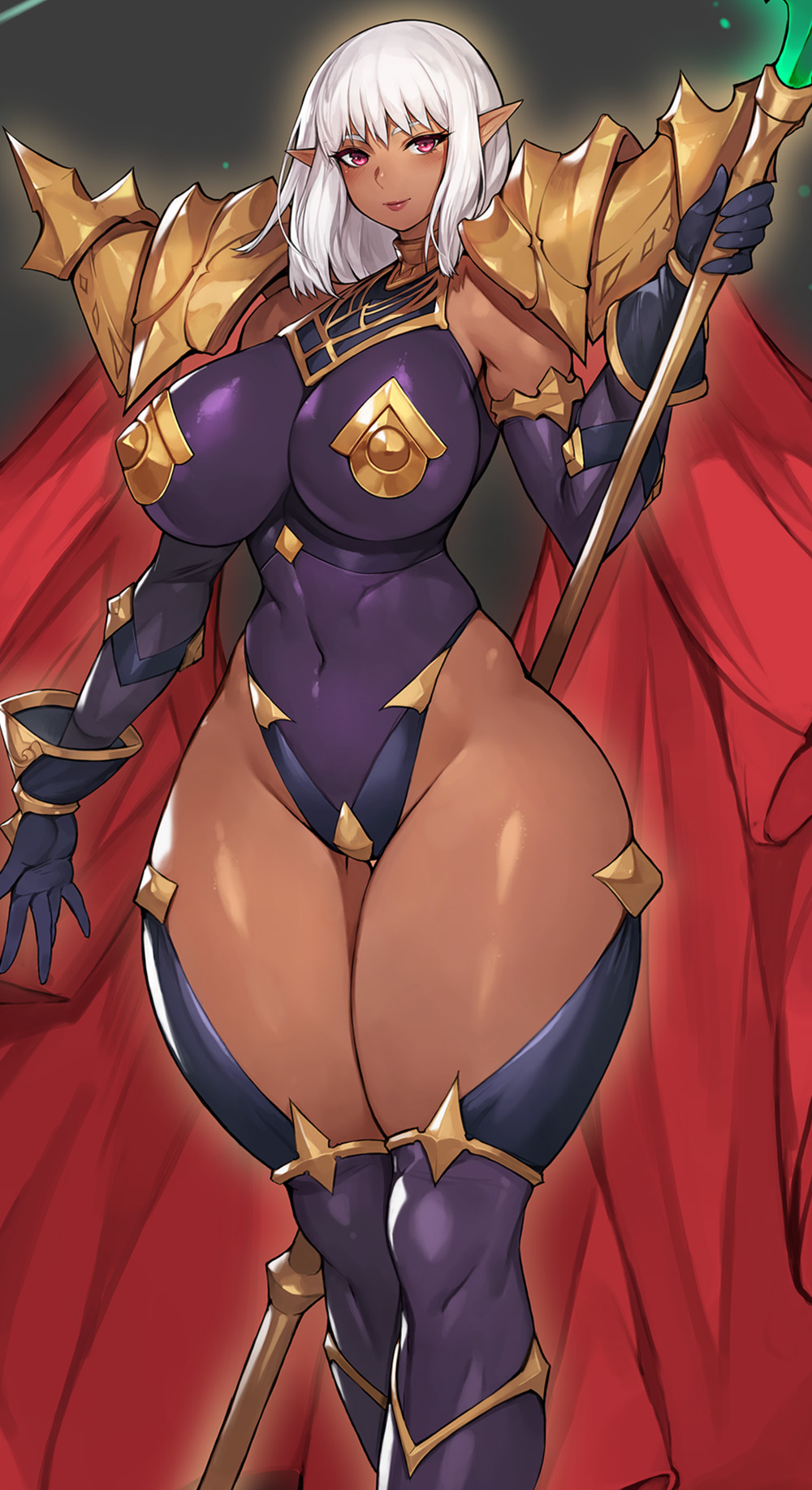 alternate_version_available armor bikini_armor breasts cloak curvy dark-skinned_female dark_elf dark_skin gloves gurimjang highres large_breasts leotard nipple_covers original pink_eyes pointy_ears short_hair skimpy staff thick_thighs thighhighs white_hair wide_hips