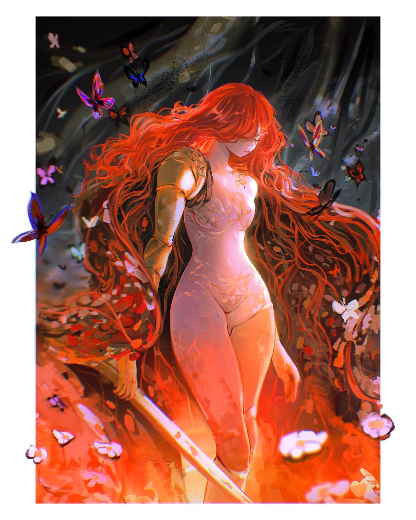 butterfly, casual nudity, completely nude, elden ring, female, female only, flower, fromsoftware, lolonuno, malenia blade of miquella, nude, nude female, painting (artwork), prosthesis, prosthetic, prosthetic arm, prosthetic limb, solo, solo female, sword, warrior, wings