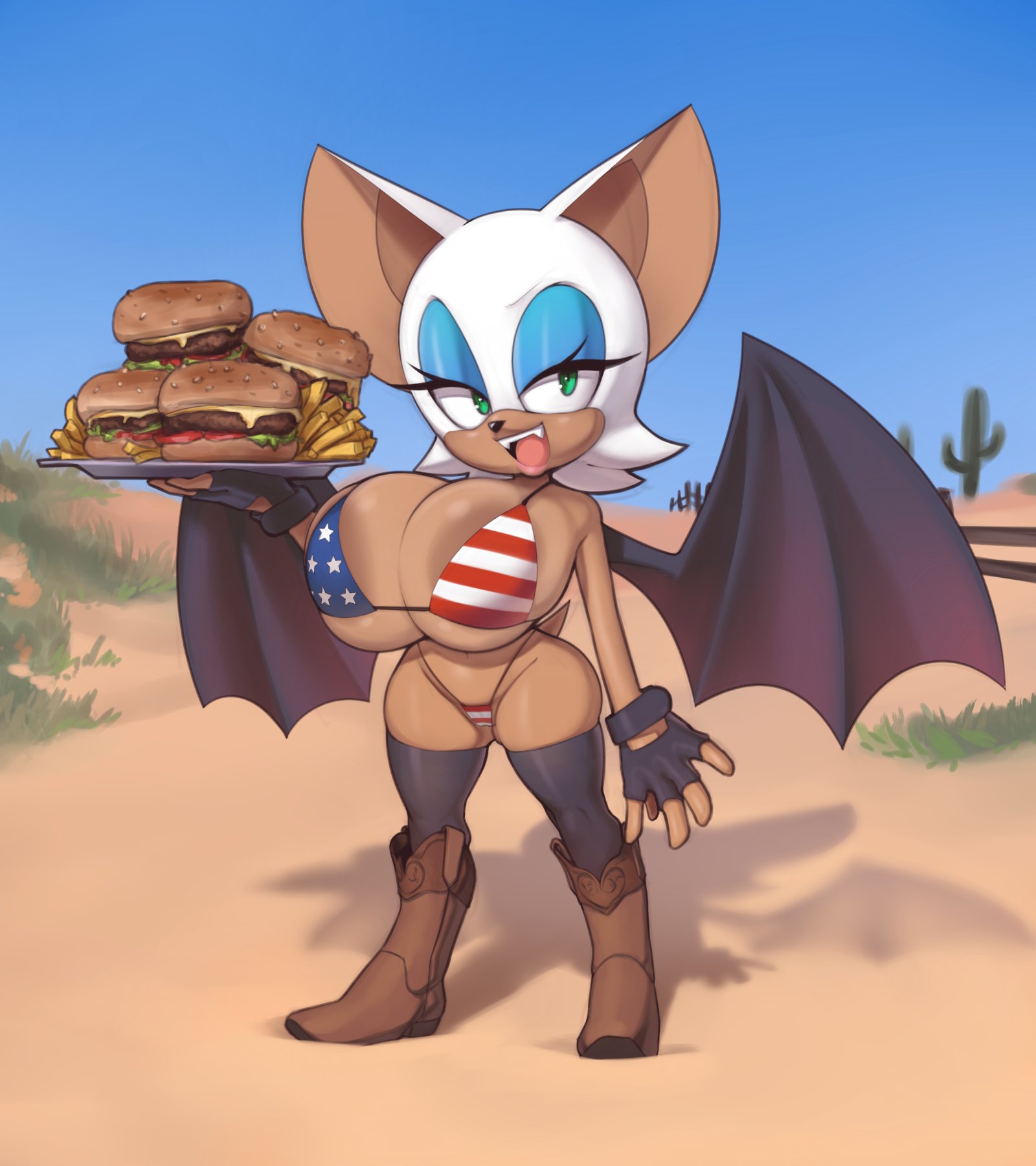 1girls, american flag bikini, anthro, bat, big breasts, boots, breasts, burger, busty, chiropteran, clothing, female, female only, food, french fries, fries, huge breasts, large breasts, looking at viewer, mystical, plantpenetrator, rouge the bat, sega, smile, solo, sonic (series), sonic the hedgehog (series), swimsuit, wings