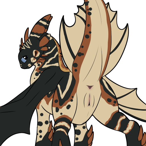 2022 anus blue_eyes brown_body dragon female feral genitals how_to_train_your_dragon membrane_(anatomy) membranous_wings night_fury presenting_hindquarters pussy solo symrea telegram_sticker triangular_anus wings