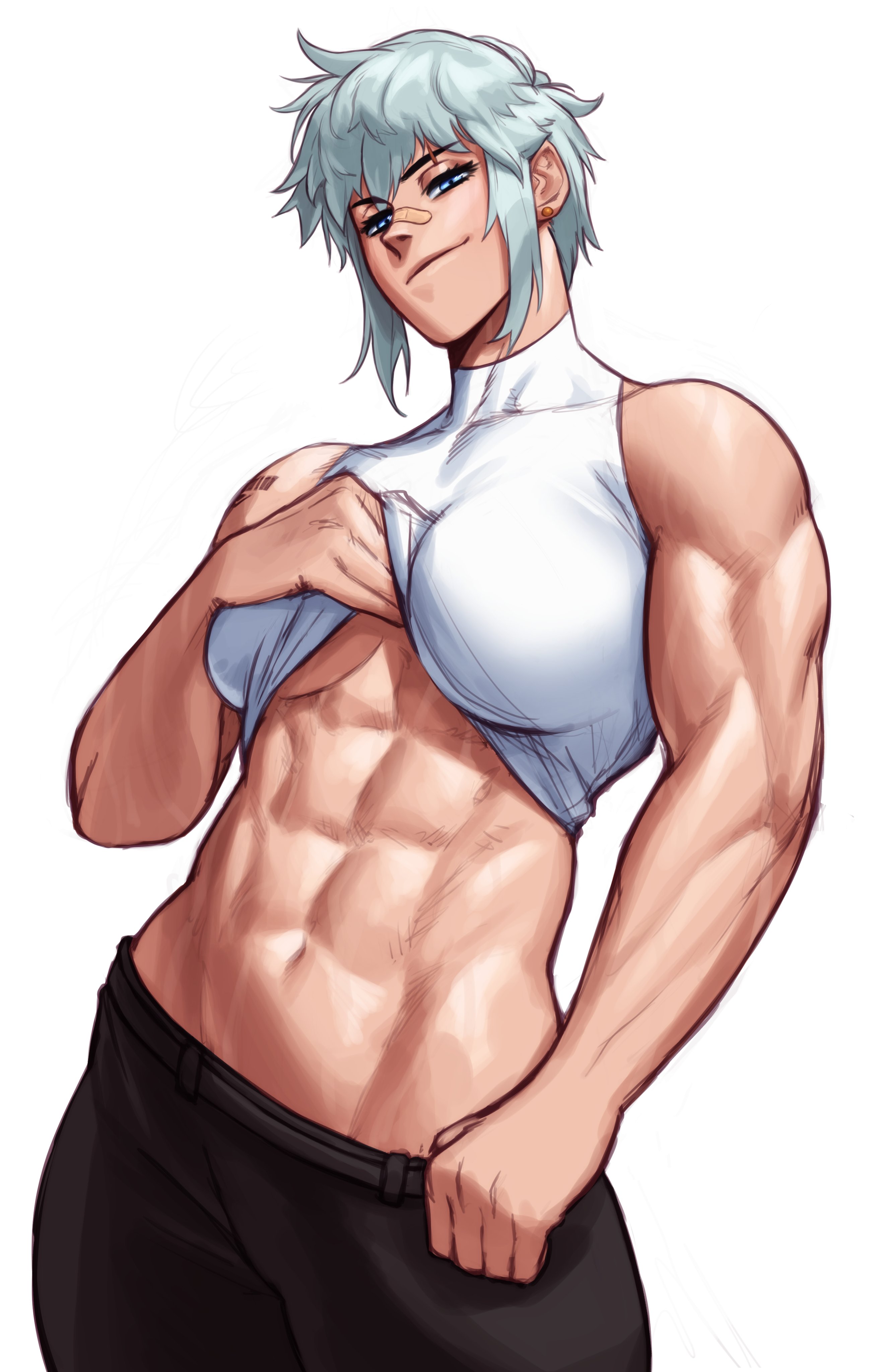 1girls, 2d, abs, absurd res, big breasts, breasts, clothes lift, clothing, commission, cowboy shot, earrings, female, grey hair, hi res, jewelry, large breasts, looking at viewer, muscular, muscular female, original, scar, shirt lift, short hair, solid color background, sotcho, standing, tattoo, underboob, white background