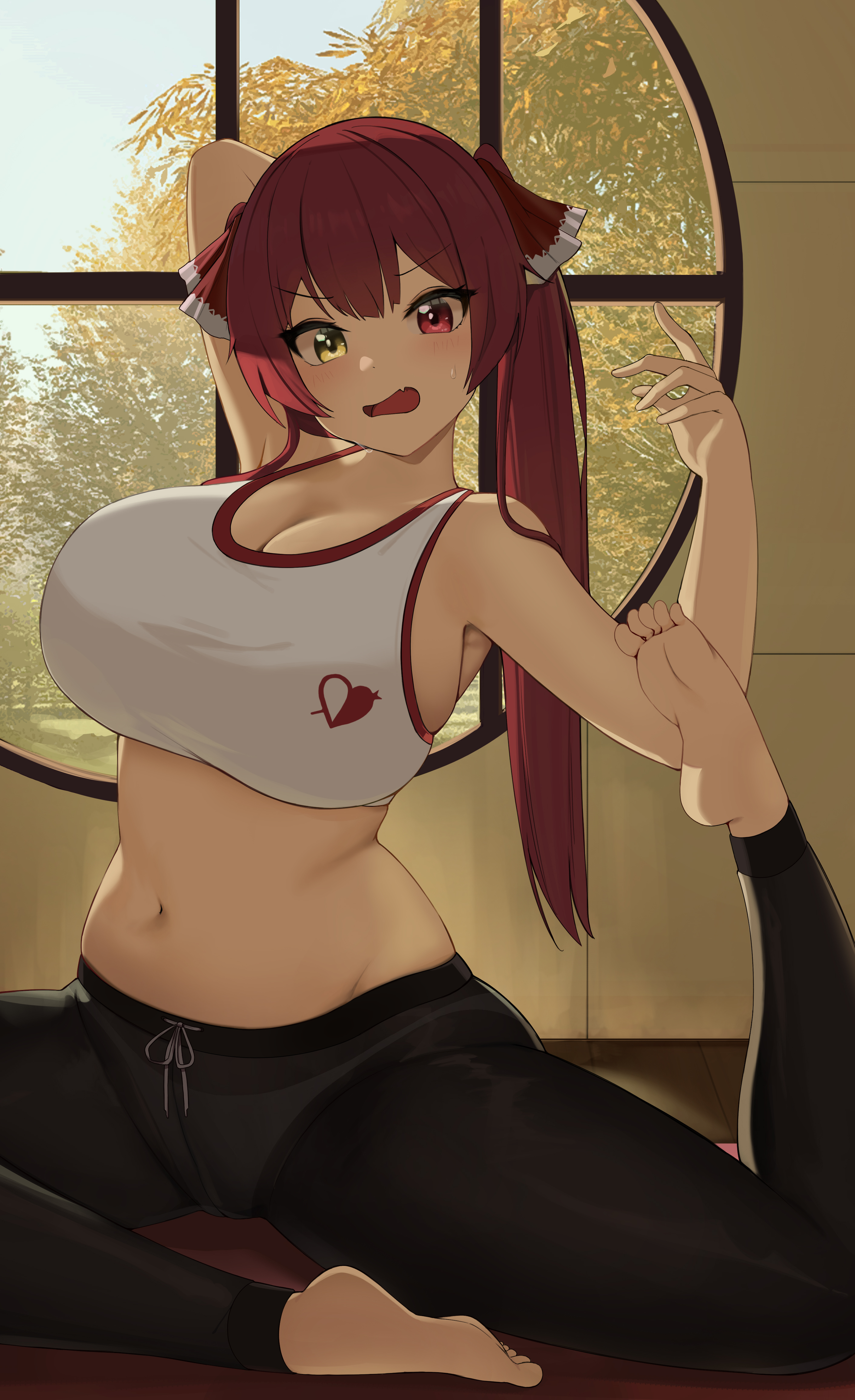 1girls, 2022, absurdres, arm behind head, bangs, barefoot, bexercube, black pants, blush, breasts, feet, female, female focus, female only, hair ribbon, heterochromia, highres, hololive, hololive fantasy, hololive japan, houshou marine, huge breasts, indoors, long hair, looking at viewer, navel, oerba yun fang, open mouth, panties, pants, pigeon pose, red eye, red hair, ribbon, round window, skin fang, solo, solo female, sports bra, sportswear, stomach, stretching, twintails, underwear, virtual youtuber, white panties, white sports bra, window, yellow eye, yoga, yoga pants