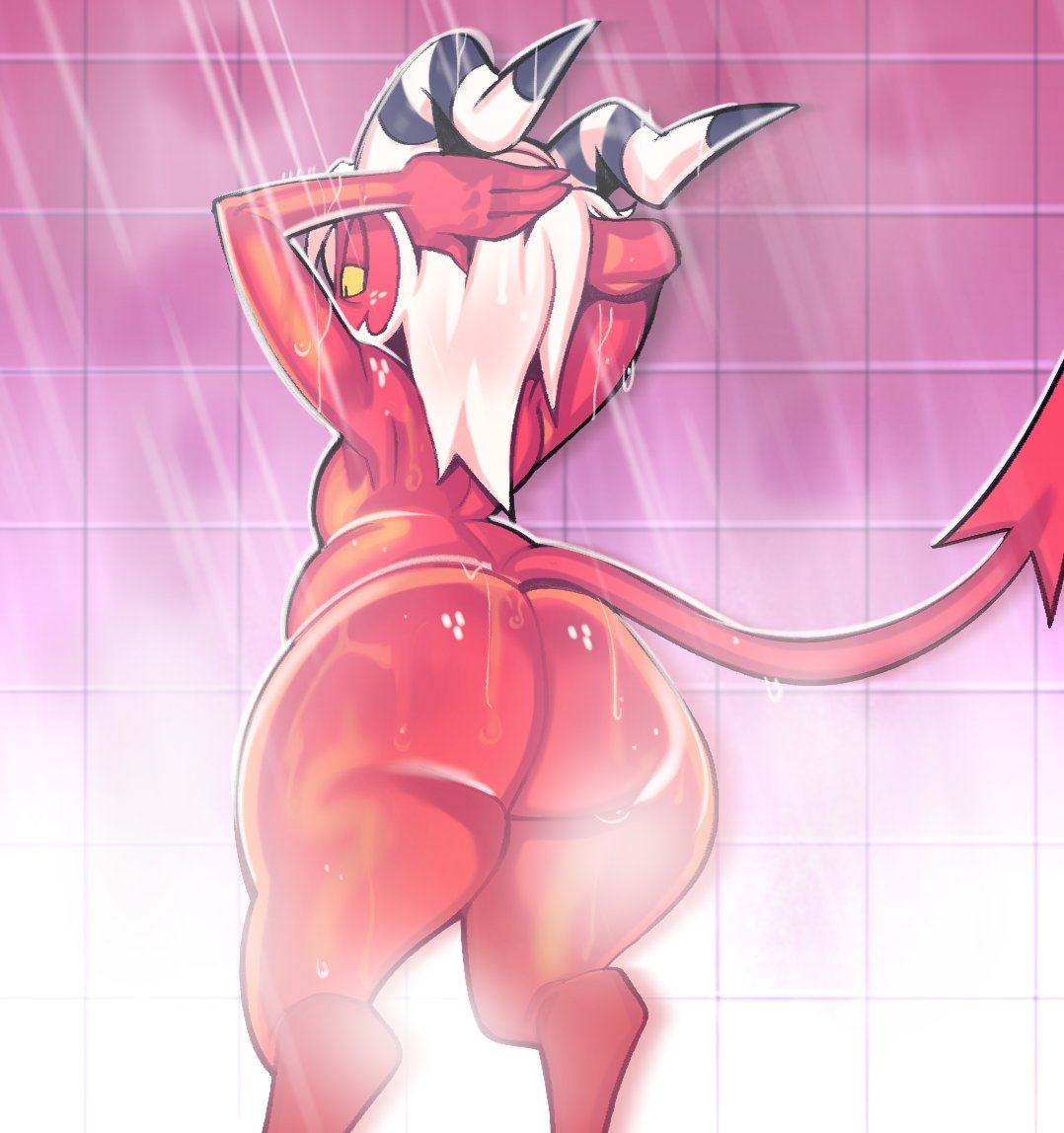 1boy, ass, ass focus, big ass, big butt, bubble ass, bubble butt, chubby, chubby femboy, curvy, curvy figure, demon, femboy, helluva boss, horns, huge ass, huge butt, imp, male, male only, moxxie (helluva boss), nude, nude male, shower, showering, solo, submarine screw, thick thighs, white hair, wide hips