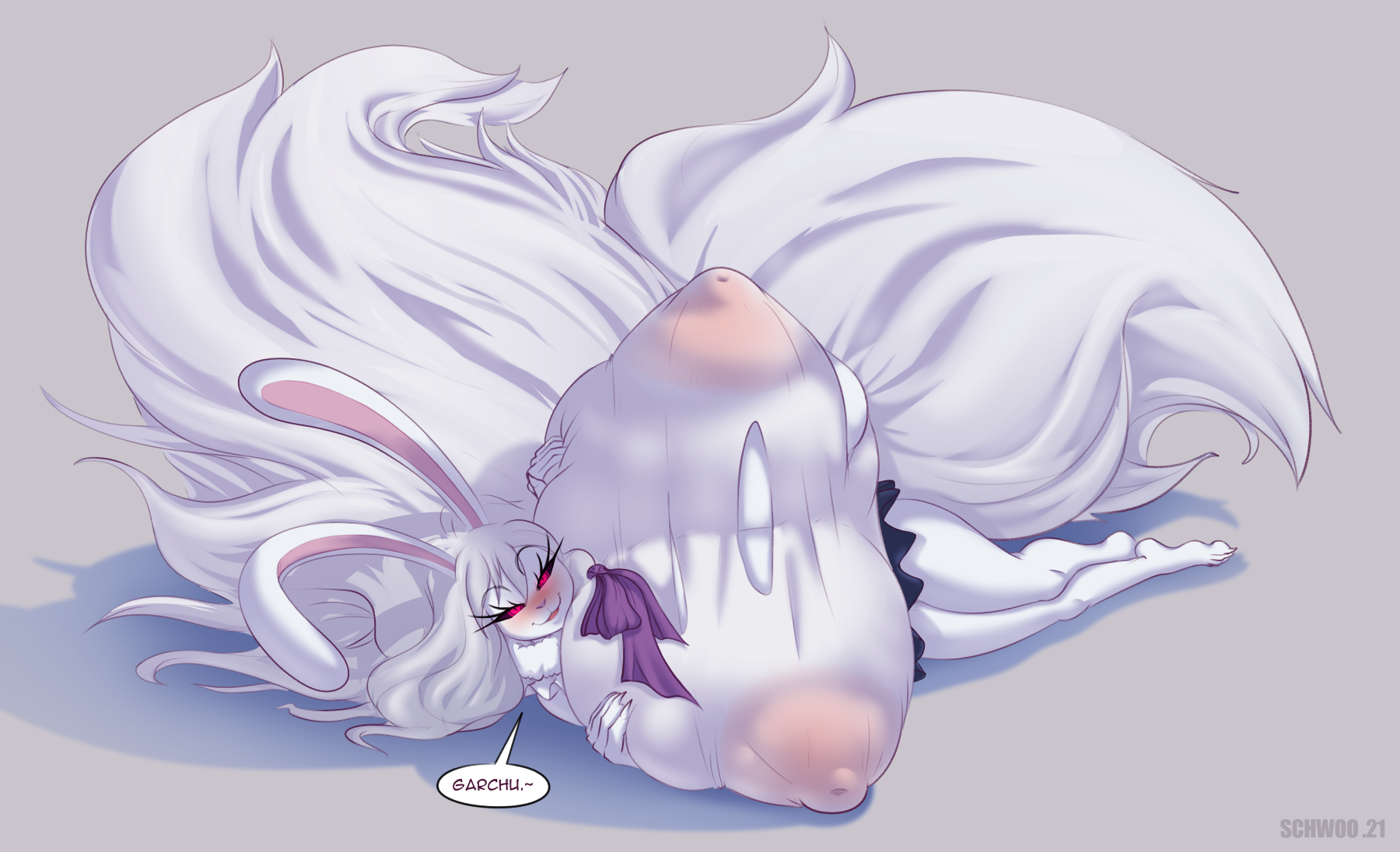 anthro, breasts, breasts bigger than head, bunny girl, carrot (one piece), female, female only, huge breasts, lagomorph, large areolae, laying down, long hair, looking at viewer, massive breasts, nipples visible through clothing, one piece, red eyes, schwoo, solo, solo female, thick thighs, torn clothing, white fur