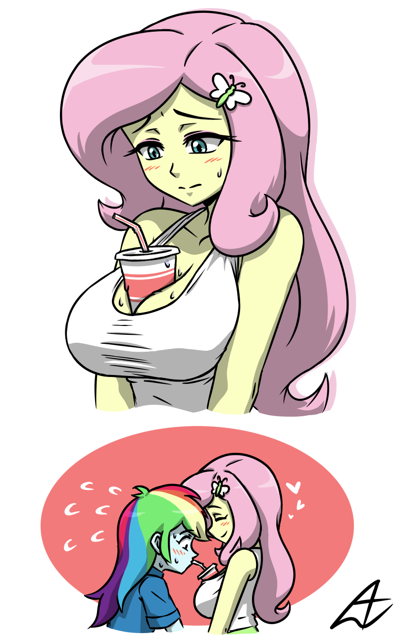 2girls acesrulez13 between_breasts cup drinking equestria_girls fluttershy_(eg) fluttershy_(mlp) human humanized large_breasts my_little_pony rainbow_dash_(eg) rainbow_dash_(mlp) yuri