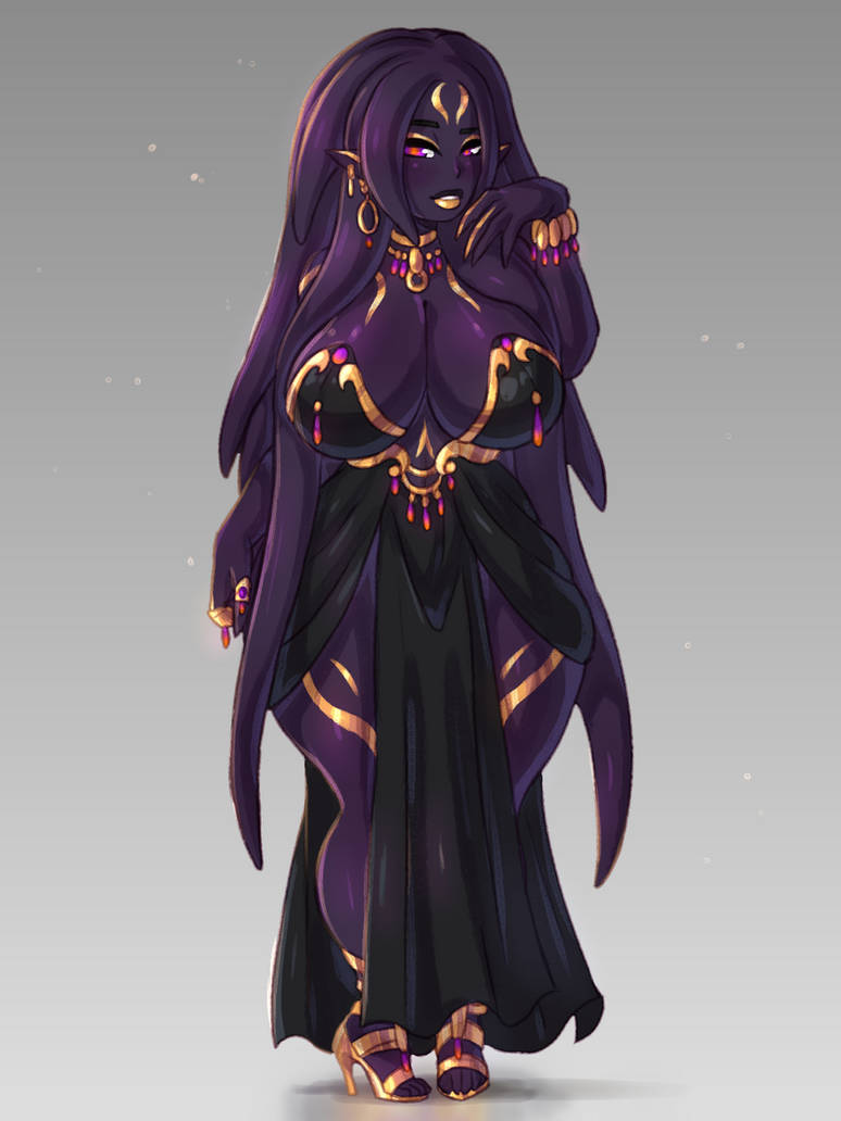 alien alien_girl bare_shoulders bracelet cleavage dawnofthebluemoon derovann dress earrings heels huge_breasts jewelry kingofundrock necklace oc purple_eyes purple_skin ring solo tentacle_hair thick_thighs