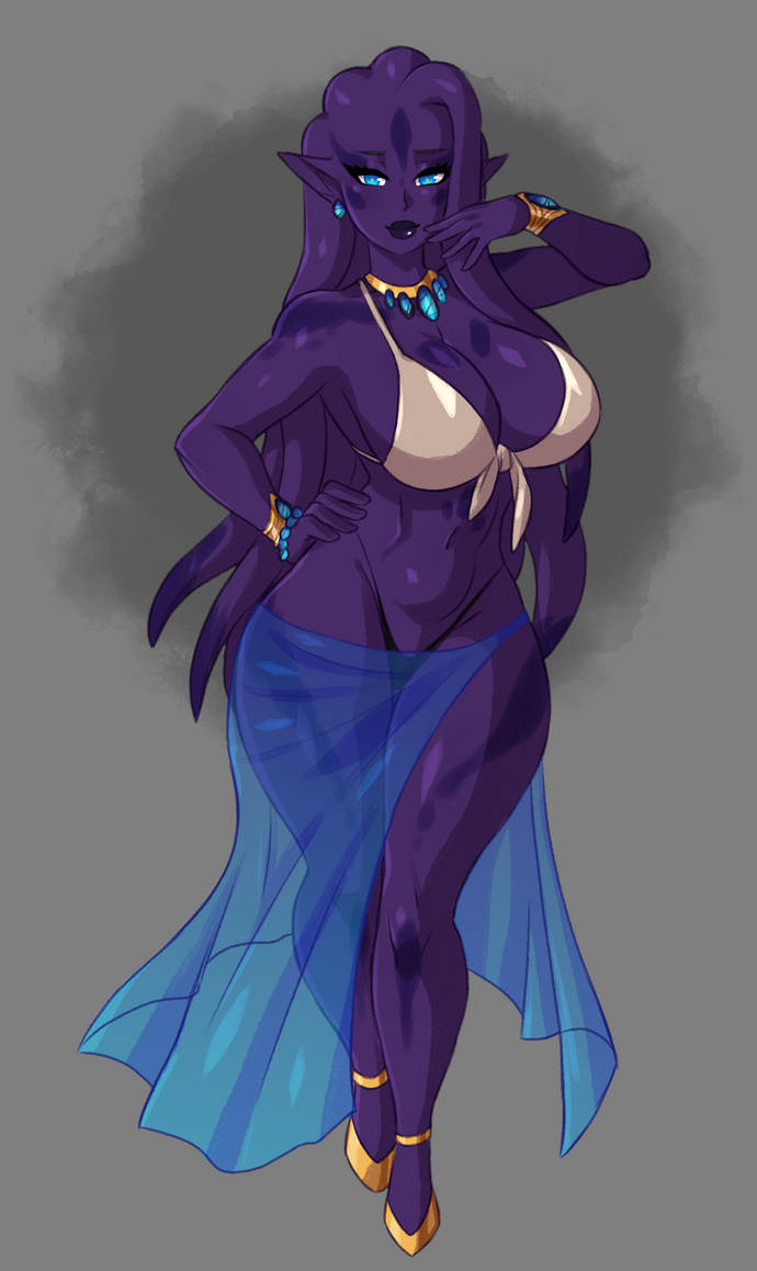 alien alien_girl bikini blue_eyes bracelet cleavage dawnofthebluemoon derovann earrings heels jewelry kingofundrock large_breasts navel necklace purple_skin solo tentacle_hair thick_thighs