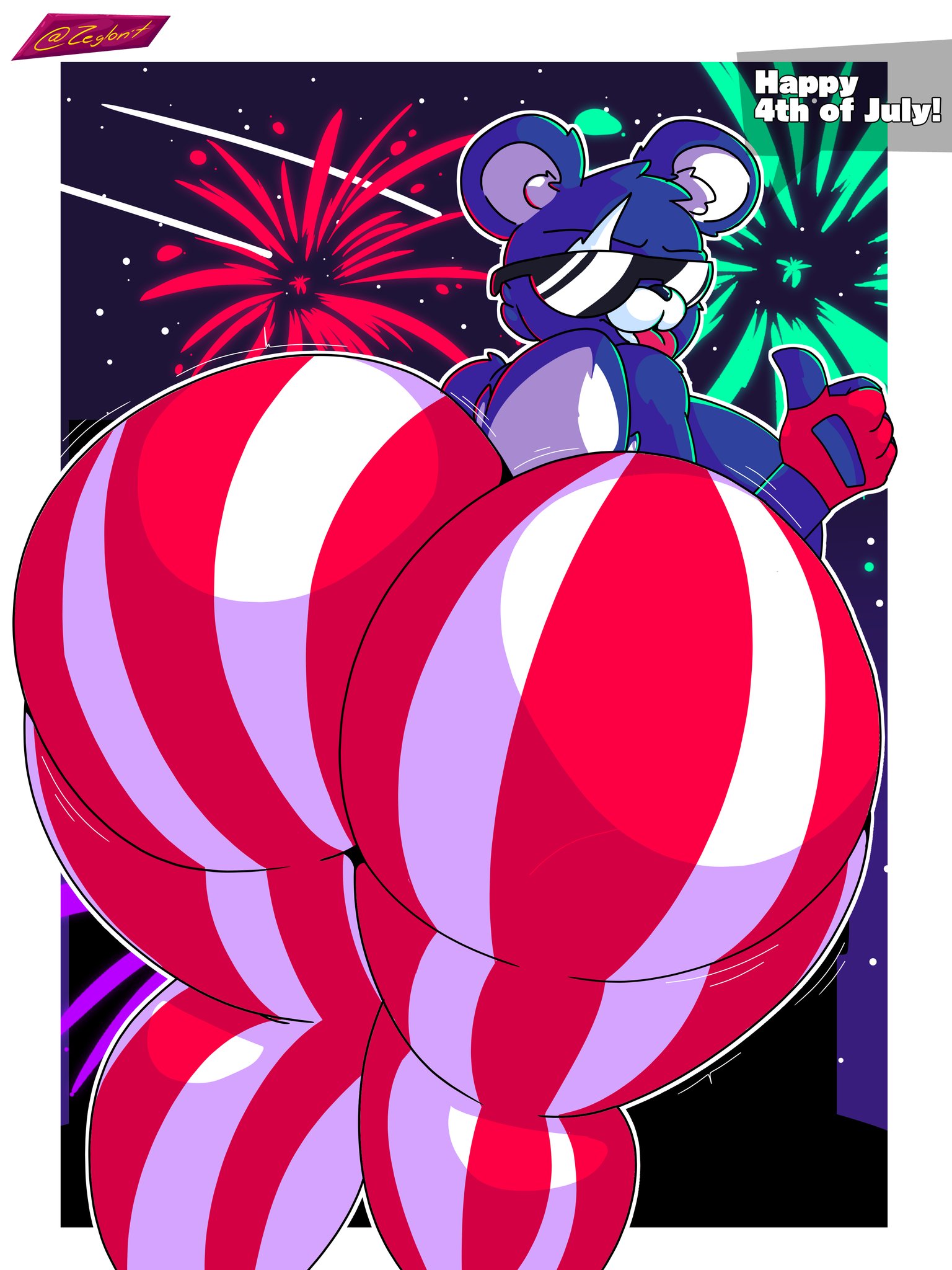 2022, 4th of july, anthro, ass, big ass, big breasts, blue fur, breasts, digital media (artwork), female, fireworks, fireworks team leader, fortnite, fur, furry, glasses, signature, striped legwear, teddy bear, text, thick thighs, zeglo-official
