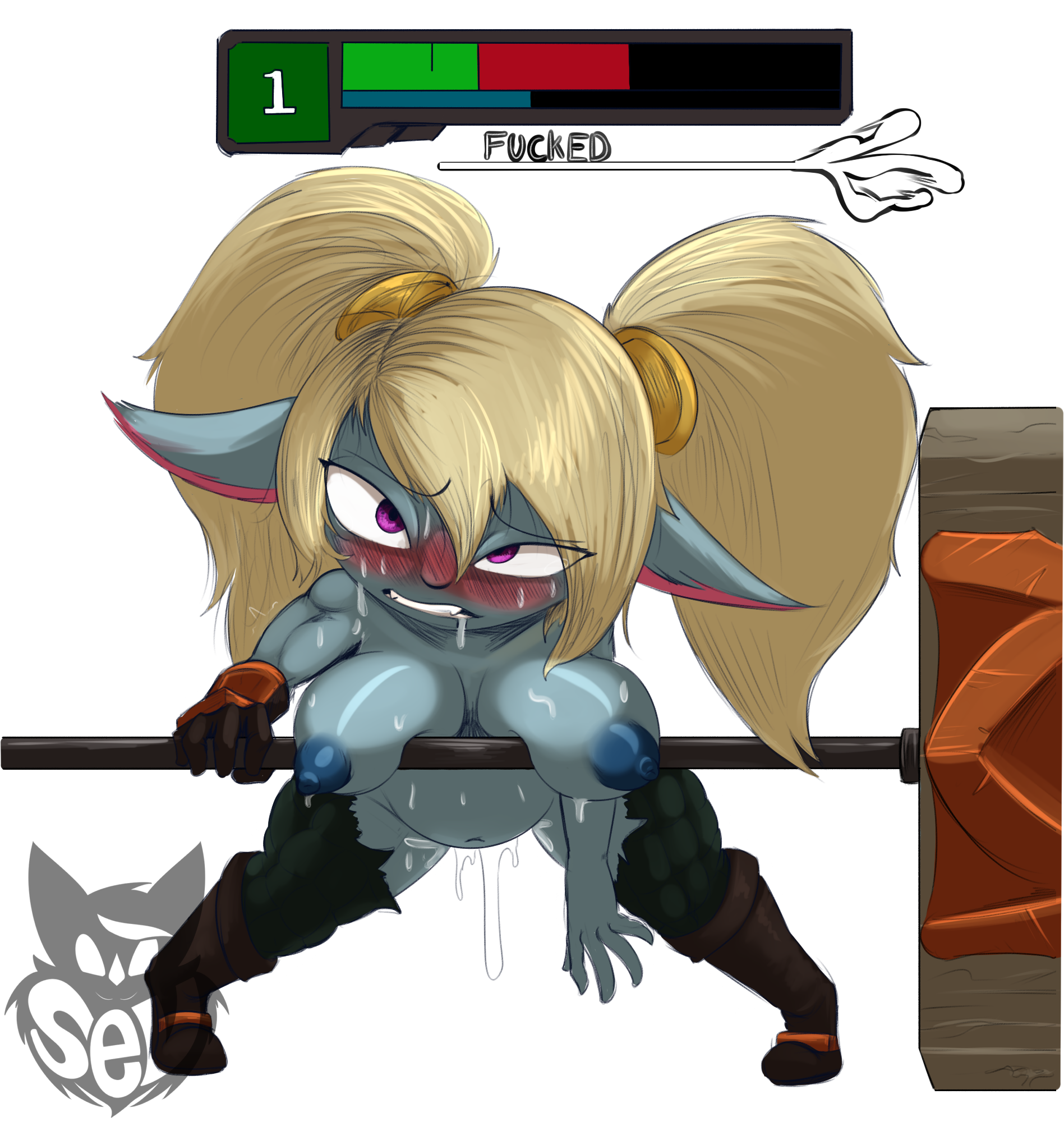 after rape, after sex, batartcave, belly, bent over, big breasts, blonde hair, blue body, blush, bodily fluids, breasts, clothing, cum, eye roll, female, gameplay mechanics, genital fluids, hair, health bar, hi res, humanoid, humanoid pointy ears, inflation, league of legends, poppy, purple eyes, riot games, solo, torn clothing, twintails, video games, yordle