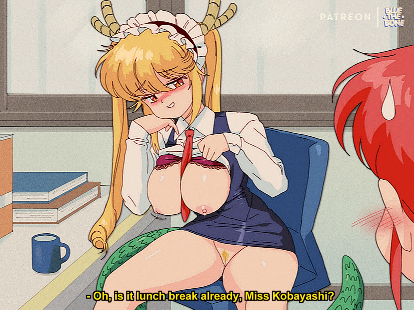 2girls, bluethebone, bra, breasts, dress, female, flashing, flashing breasts, flashing pussy, kobayashi, miss kobayashi's dragon maid, multiple females, multiple girls, no panties, pubes, pubic hair, pussy, pussy peek, retro artstyle, sitting, tohru (dragon maid)