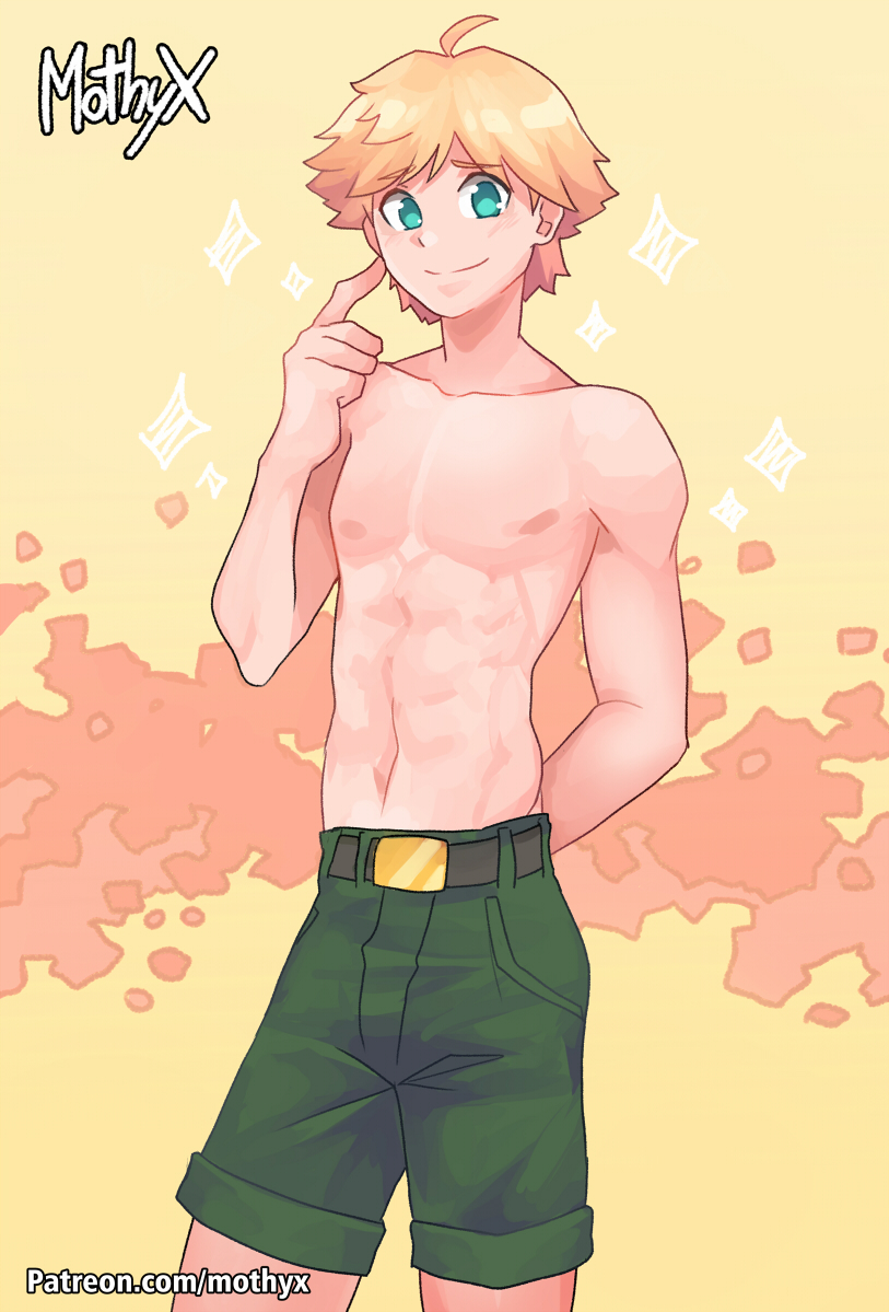 blonde_hair camp_buddy cute_male green_clothing green_eyes hunter_springfield light-skinned_male mothyx shirtless shorts yaoi yellow_background