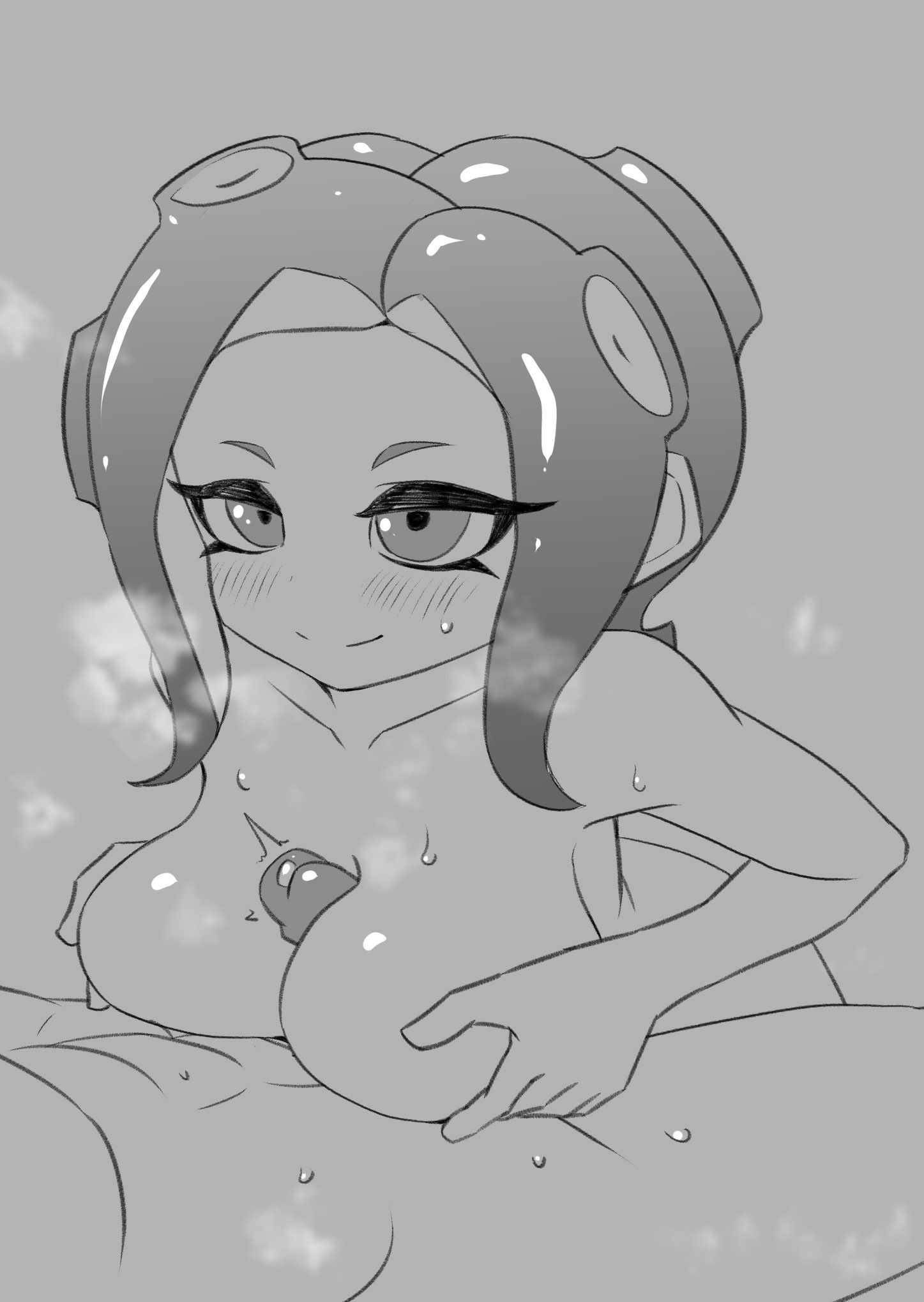 1boy, 1girls, 5 fingers, bedroom eyes, big breasts, black and white, blush, blush lines, blushing, boobs, breasts, eyelashes, female, female focus, grey background, hands on breasts, holding breasts, large breasts, looking at partner, male, nintendo, no color, nobunagapero, octoling, octoling girl, paizuri, peronattu, seductive, seductive eyes, seductive look, seductive smile, splatoon, steam, steaming, steamy, sweat, sweatdrop, sweating, tagme, tentacle hair, titjob, tits
