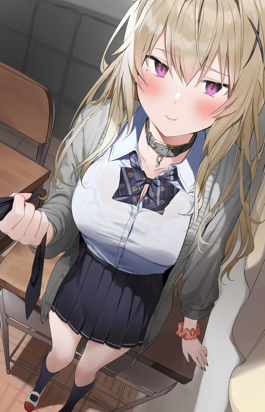 blonde_hair blush blushing dog_collar original pulling_tie purple_eyes school_desk school_skirt school_uniform see-through see-through_shirt skirt tie xretakex