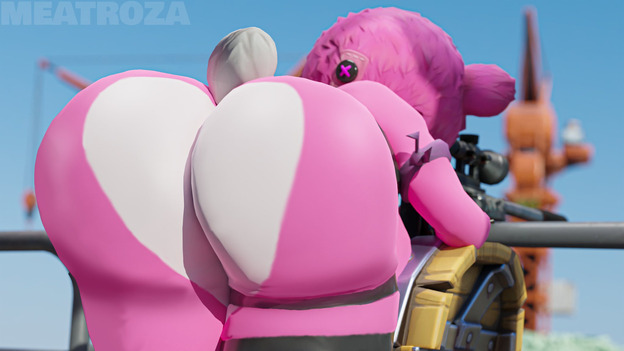1girls, 3d, ass, ass focus, bear, bear ears, bear girl, bending, bending forward, bending over, bent forward, bent over, cuddle team leader, day, daytime, female, fortnite, fortnite: battle royale, meatroza, pink ass, pink butt, pink fur, pink hair, pink skin, sniper, sniper rifle, tail, teddy bear